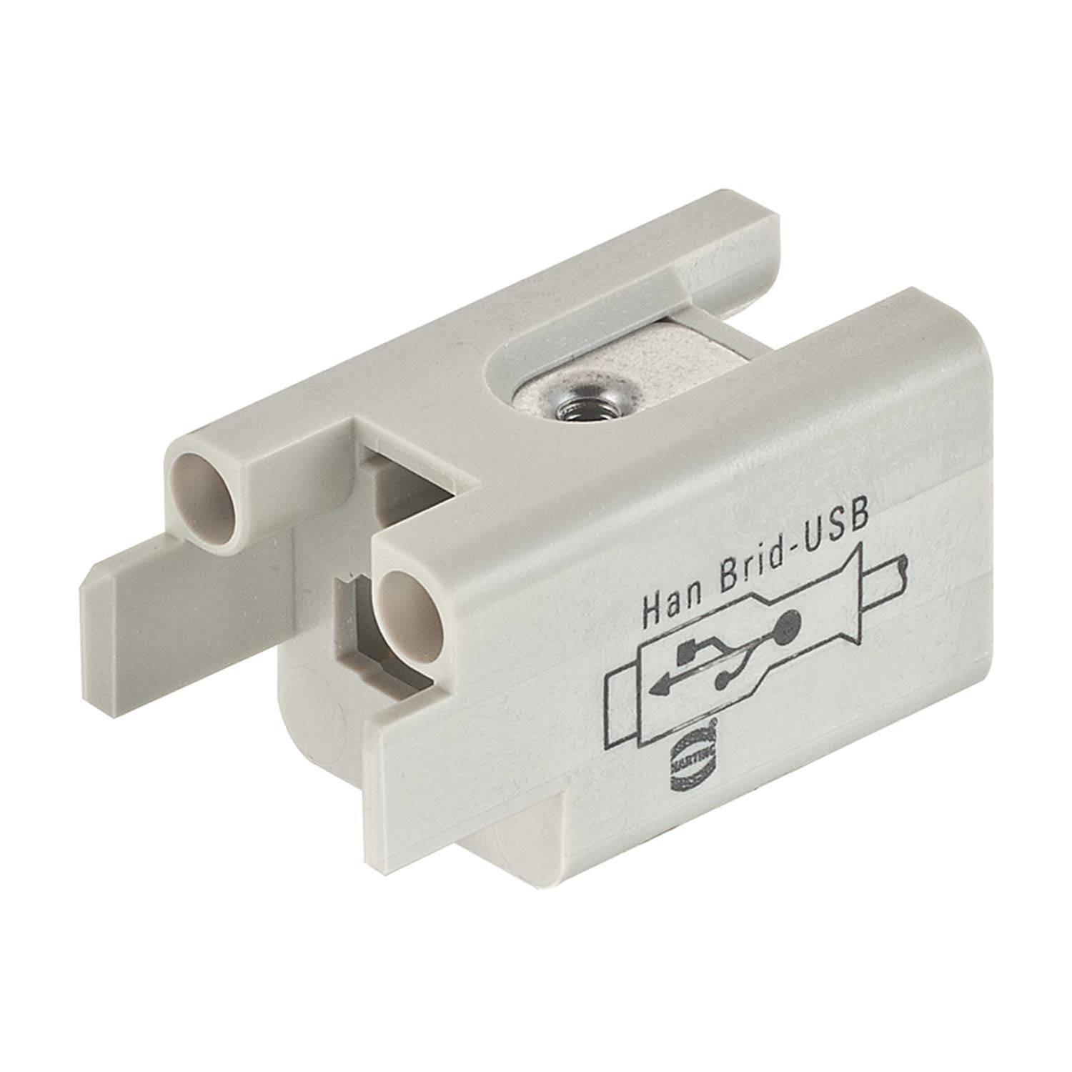 Graue Kunststoffkomponente mit der Bezeichnung Han Brid-USB mit USB-Stecker-Design, mit zwei zylindrischen Schlitzen und einem Metall-Befestigungspunkt.