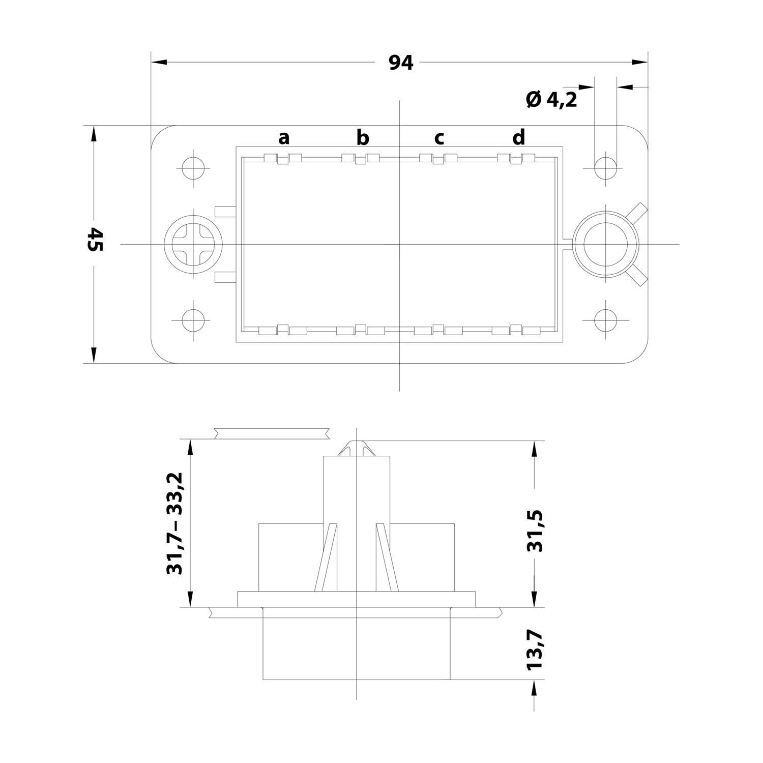 HARTING Han Andockrahmen, fest montiert, 4 Module (F) Temperaturbereich -40°C bis 125°C Steckzyklen >=10000, Schutzart