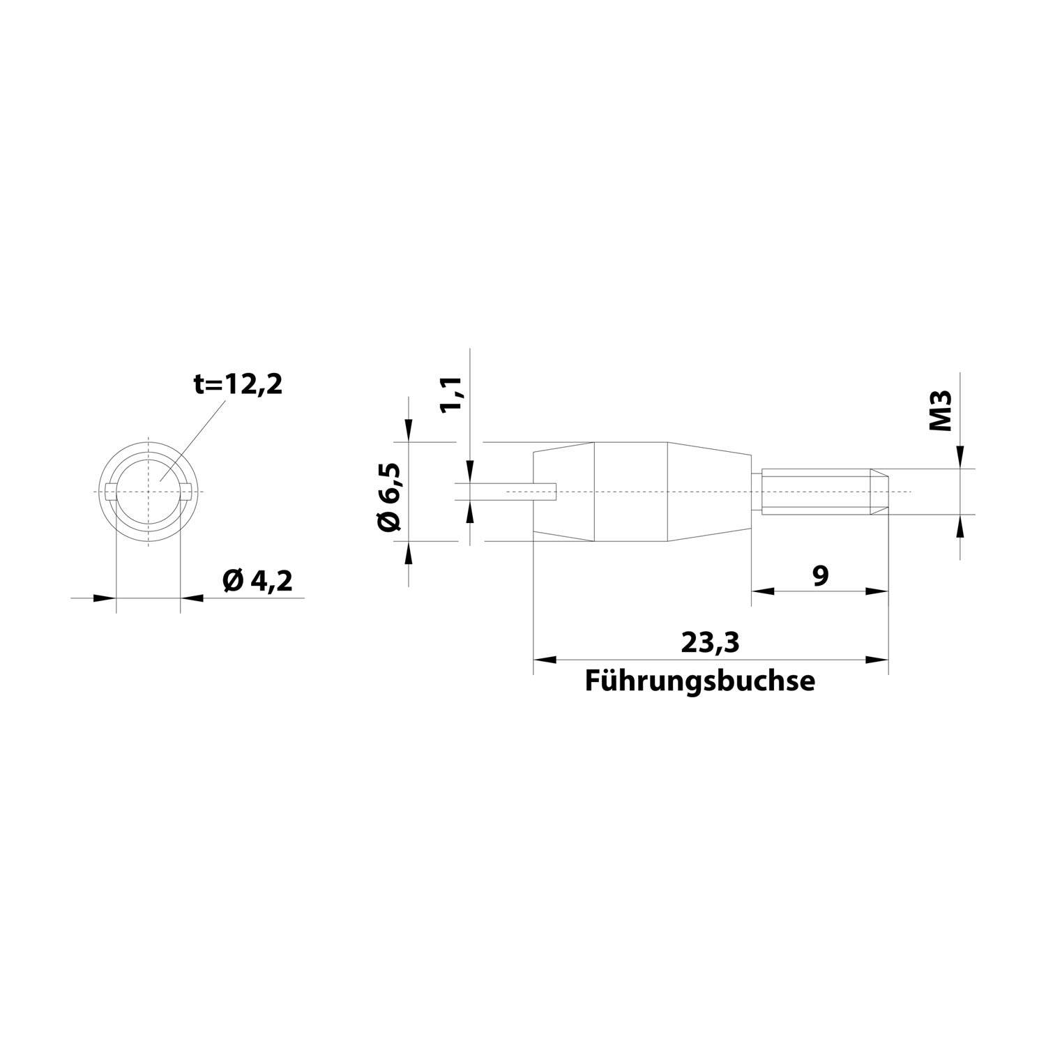 Führungsbuchse' technische Zeichnung mit Abmessungen: Durchmesser 4,2, t=12,2, Länge 23,3, Breite 9, M3-Gewinde, Durchmesser 6,5, Höhe 1,1.