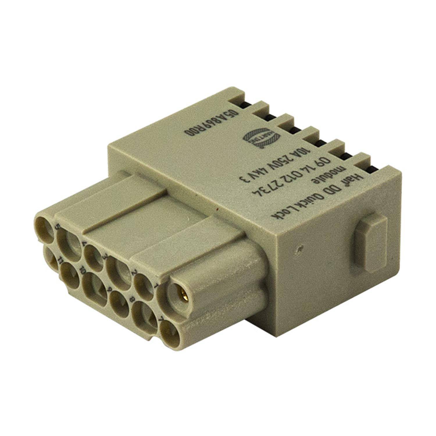Ein 12-poliger Elektrostecker mit einem rechteckigen beigen Gehäuse, das mehrere kreisförmige Buchsen auf seiner Vorderseite für Kabelverbindungen zeigt.
