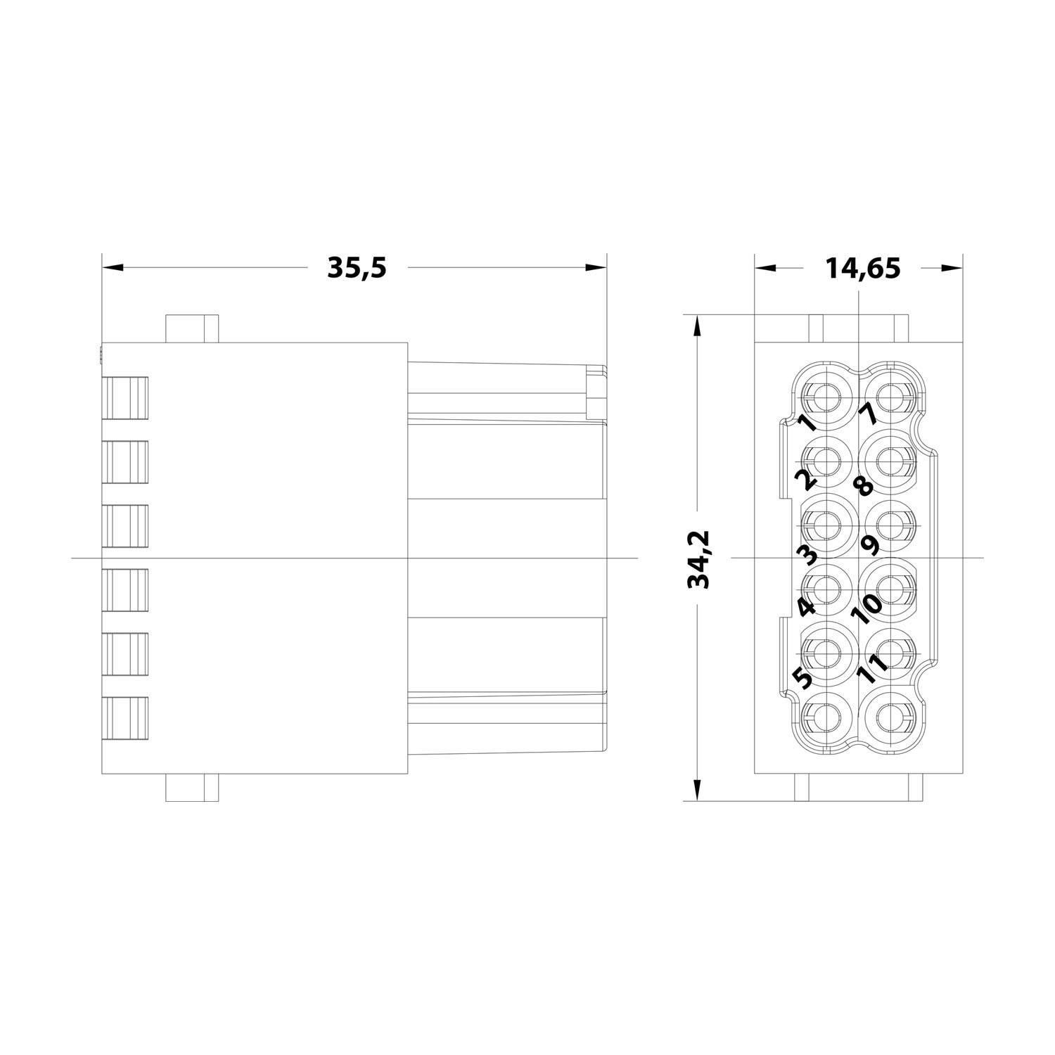 Technische Zeichnung eines elektrischen Steckers mit zwei Ansichten und Abmessungen: 35,5 mm Breite, 14,65 mm Tiefe und 34,2 mm Höhe.