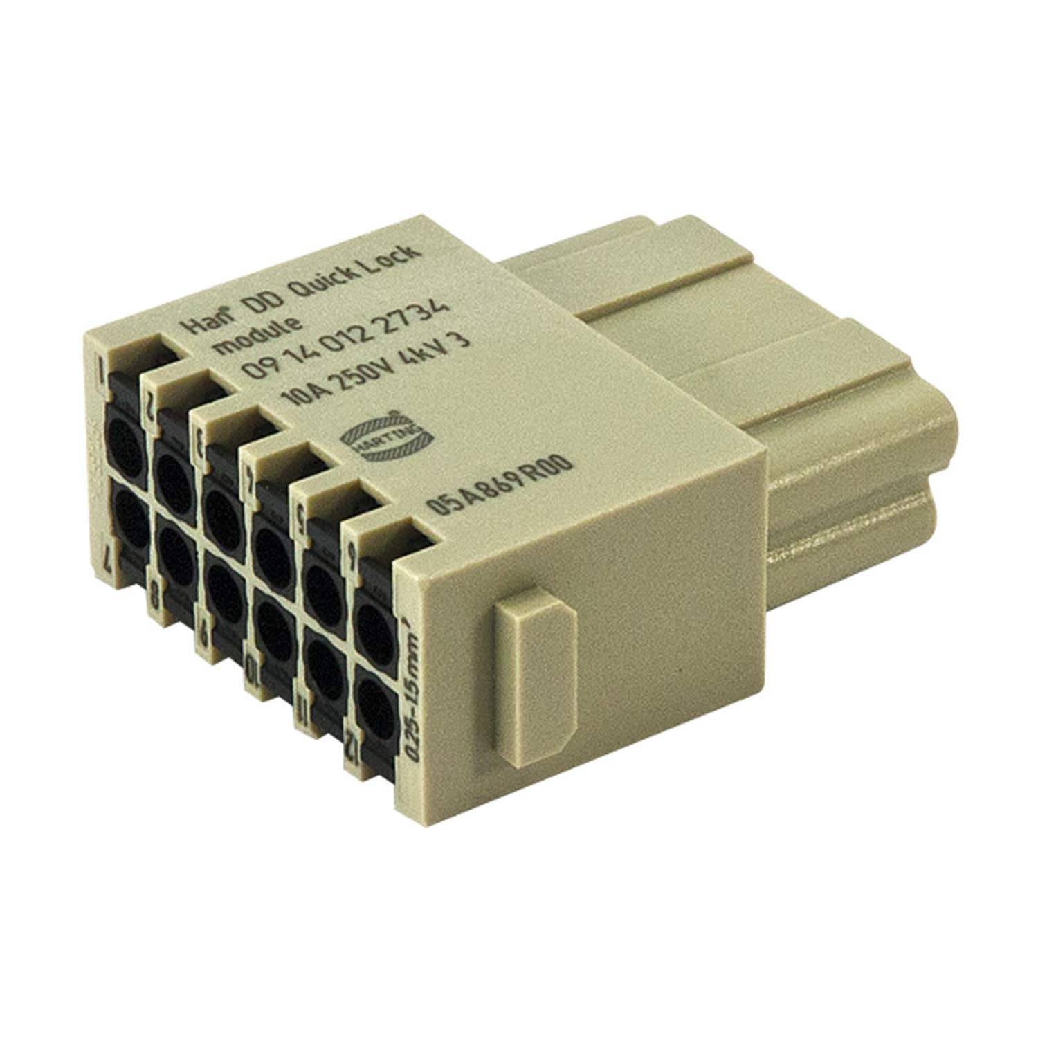 Ein beiges Harting DD Quick-Lock-Modul mit mehreren runden Steckverbindern mit den Bezeichnungen „09-14 012 2734", „10A 250V"" und „6SA8PR00"".