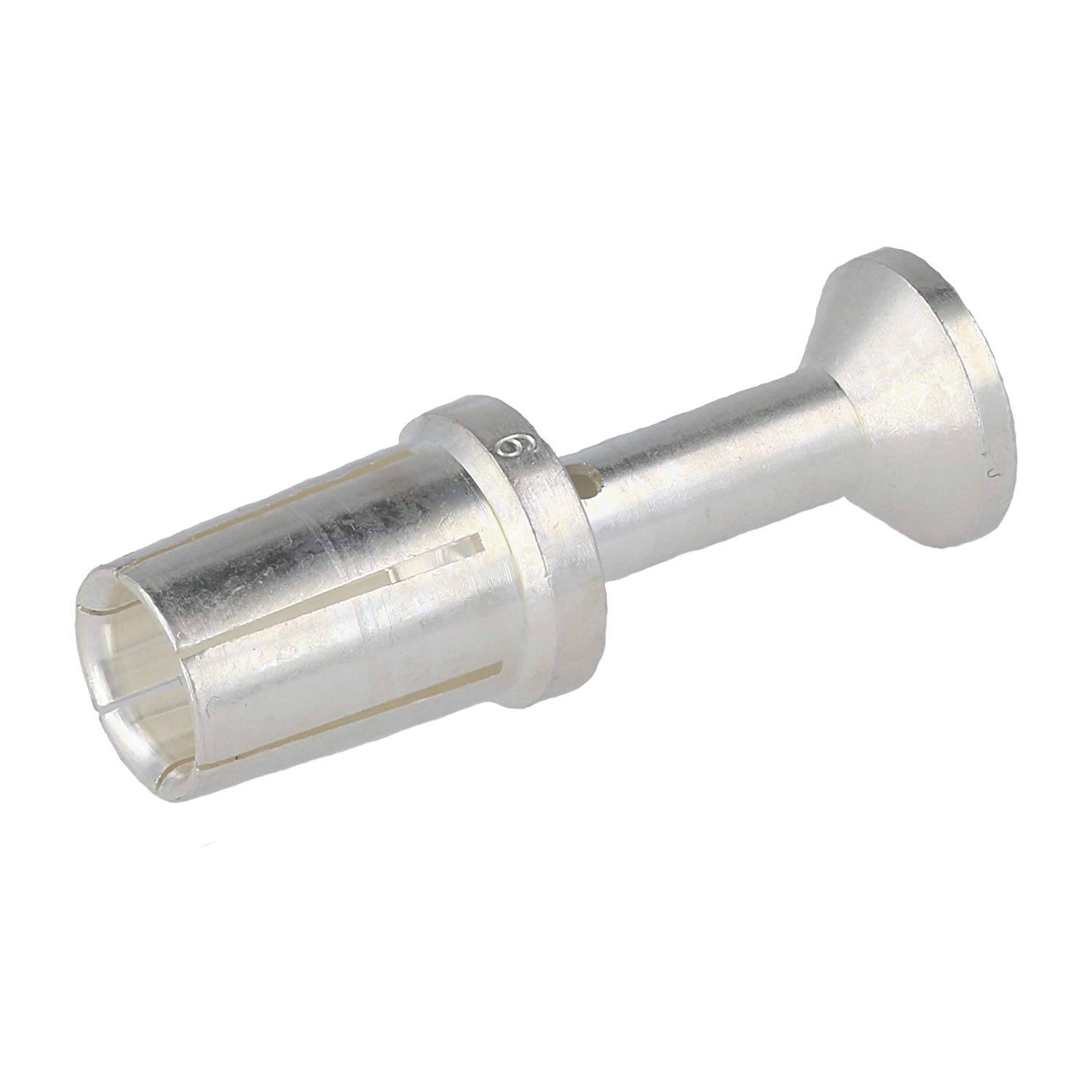 Ein metallischer Stift mit einem zylindrischen Schaft und verbreitertem Kopf, wahrscheinlich für elektrische oder mechanische Verbindungen verwendet.