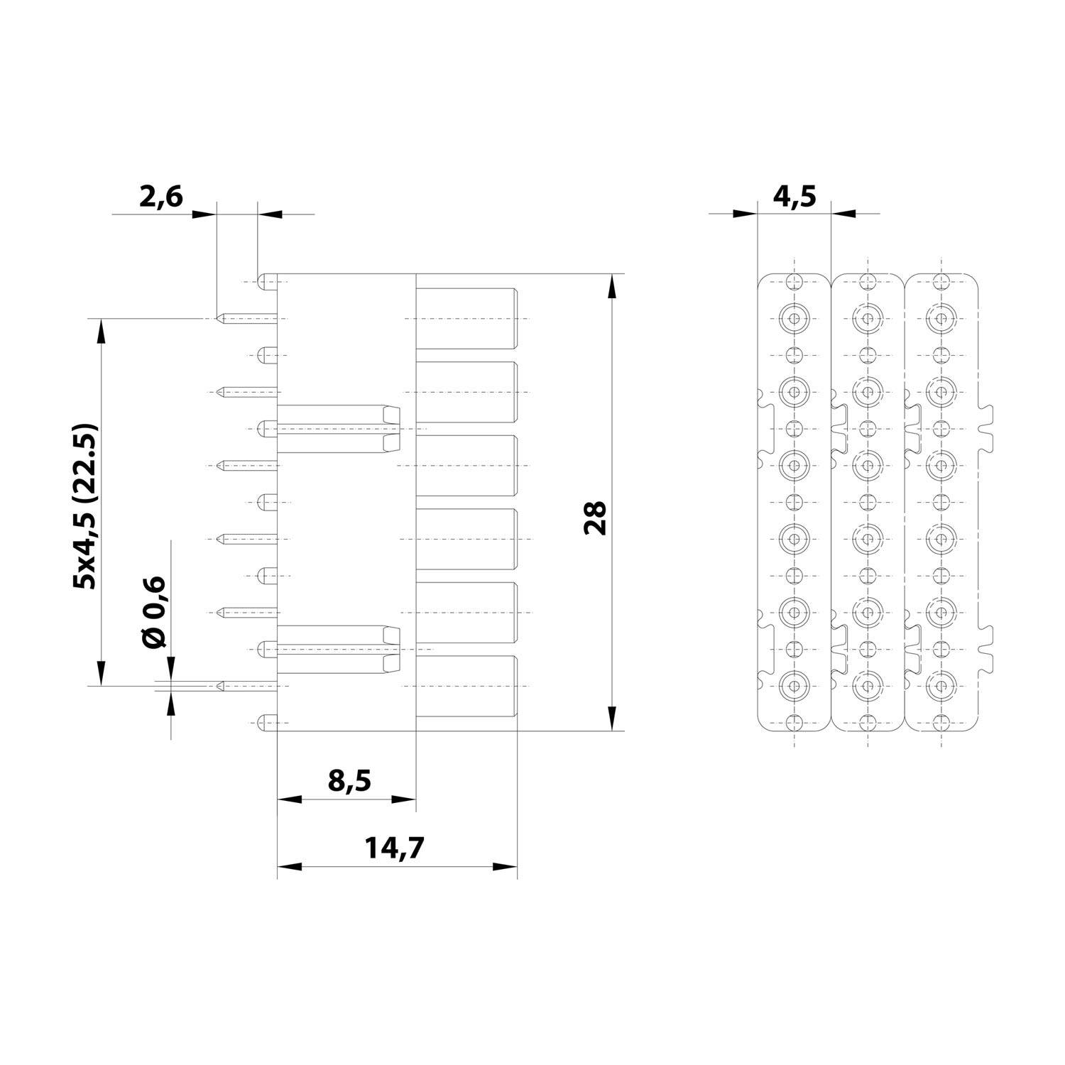 Technische Zeichnung eines 28 mm breiten Steckers. Linke Ansicht zeigt Stiftmessungen: 5x4,5 (22,5), 8,5, 14,7. Draufsicht: 4,5 Breite, 2,6 Höhe.