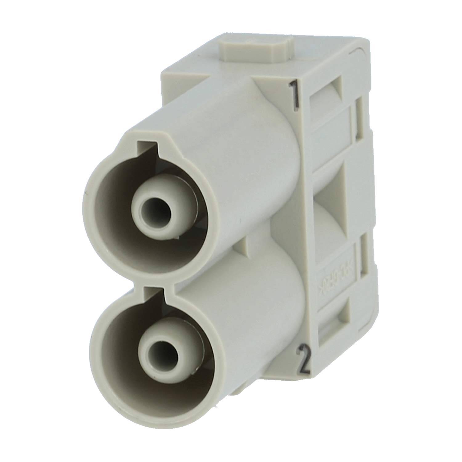 Ein zweipoliger Elektrostecker mit zylindrischen Öffnungen, gekennzeichnet mit „1