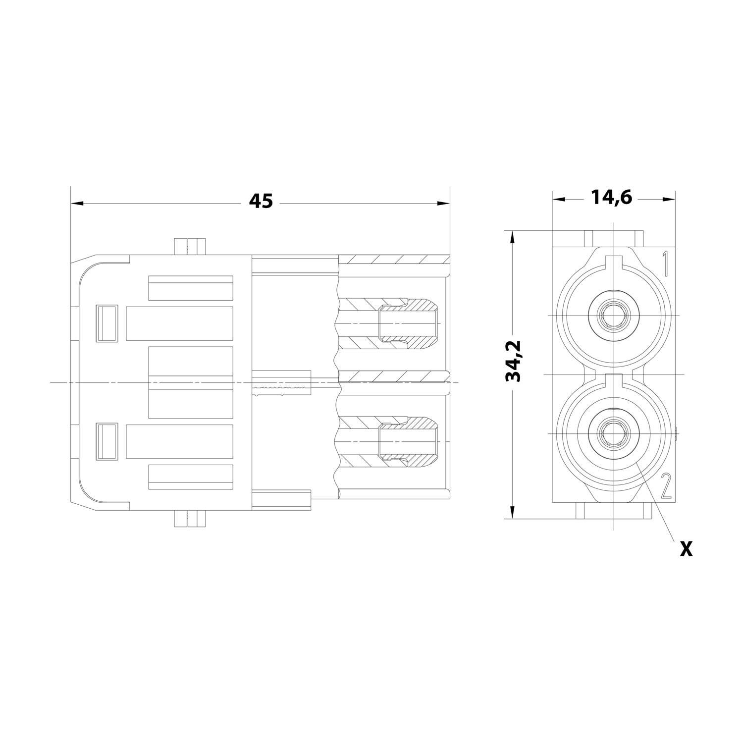 Technische Zeichnung eines Steckers mit detaillierten Abmessungen: Breite 45 mm, Höhe 34,2 mm und Tiefe 14,6 mm.