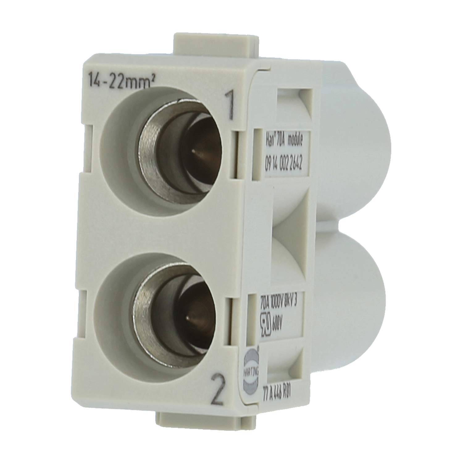 Weiße Elektro-Klemmleiste mit zwei Metallkontakten, beschriftet mit 1 und 2, konzipiert für Drahtverbindungen von 14-22 mm².