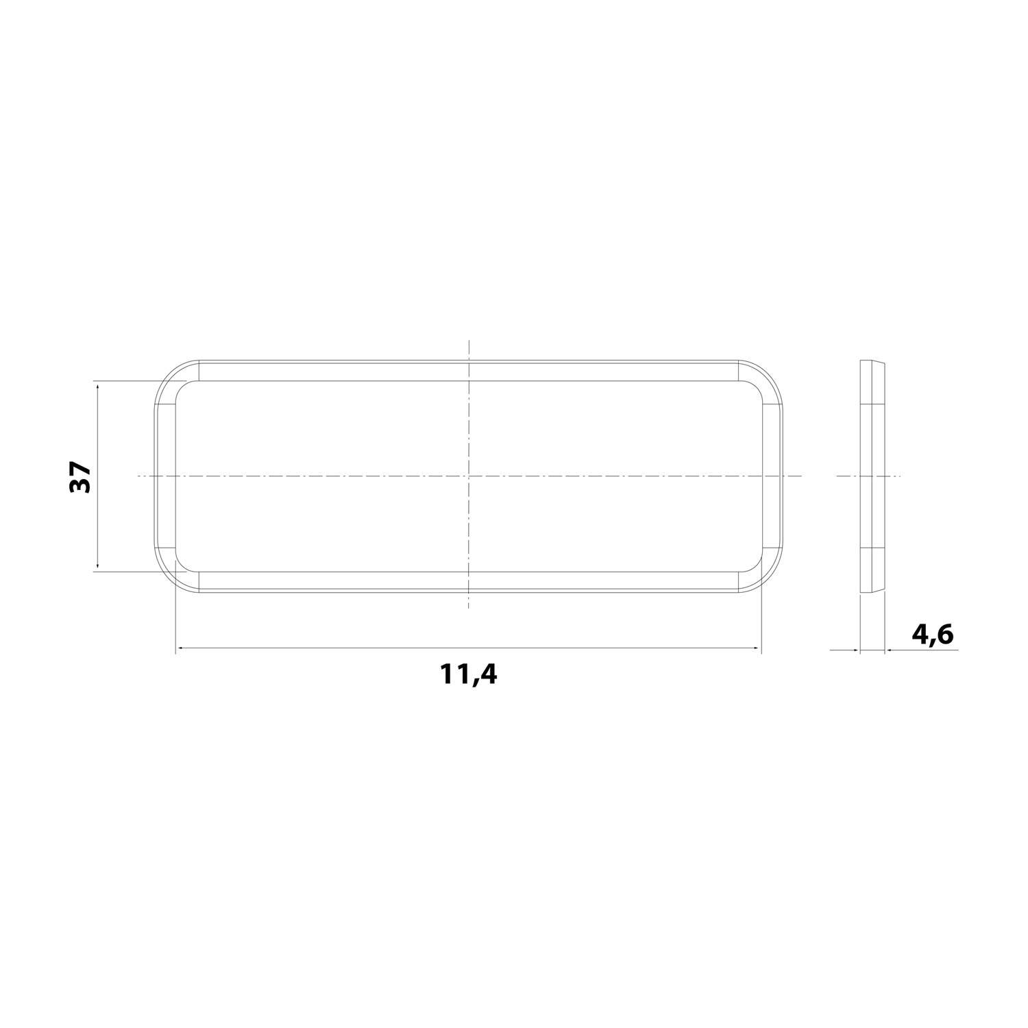 Ein technisches Diagramm zeigt ein rechteckiges Objekt mit abgerundeten Ecken. Die Abmessungen sind wie folgt gekennzeichnet: 37 Einheiten hoch, 11,4 Einheiten breit und 4,6 Einheiten tief.