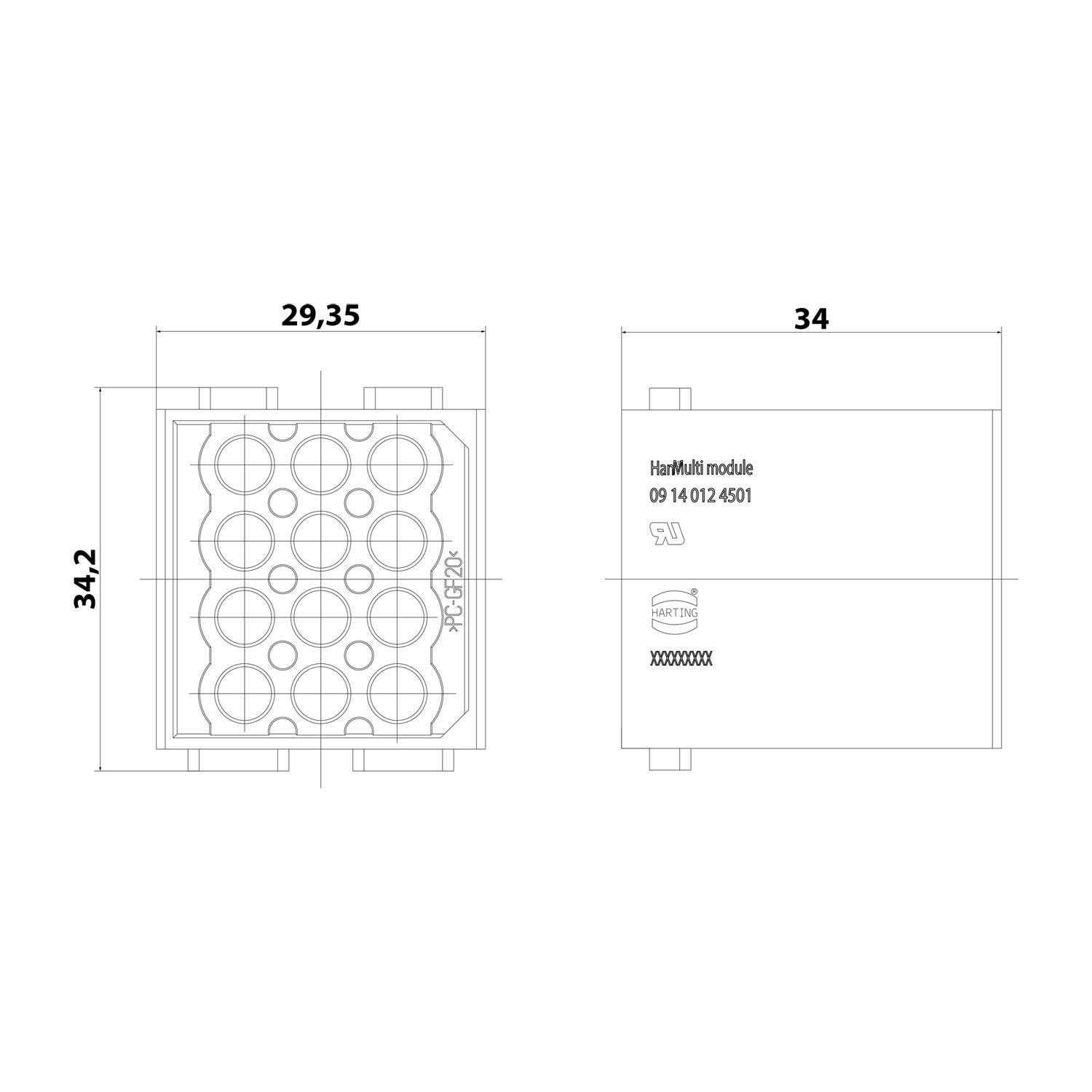 Technische Zeichnung des Harting-Mehrmodul-Gehäuses mit Abmessungen: 29,35x34,2mm links, 34x34mm rechts. Enthält kreisförmige Ausschnitte.