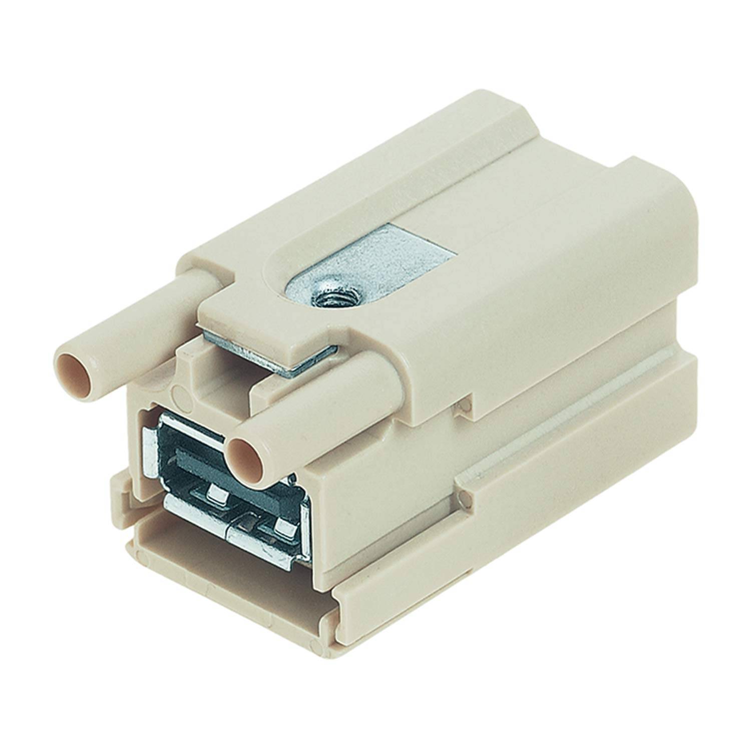 Beiger rechteckiger Elektrostecker mit zwei zylindrischen Vorsprüngen und einem Metallstift, verwendet für sichere Kabelverbindung.
