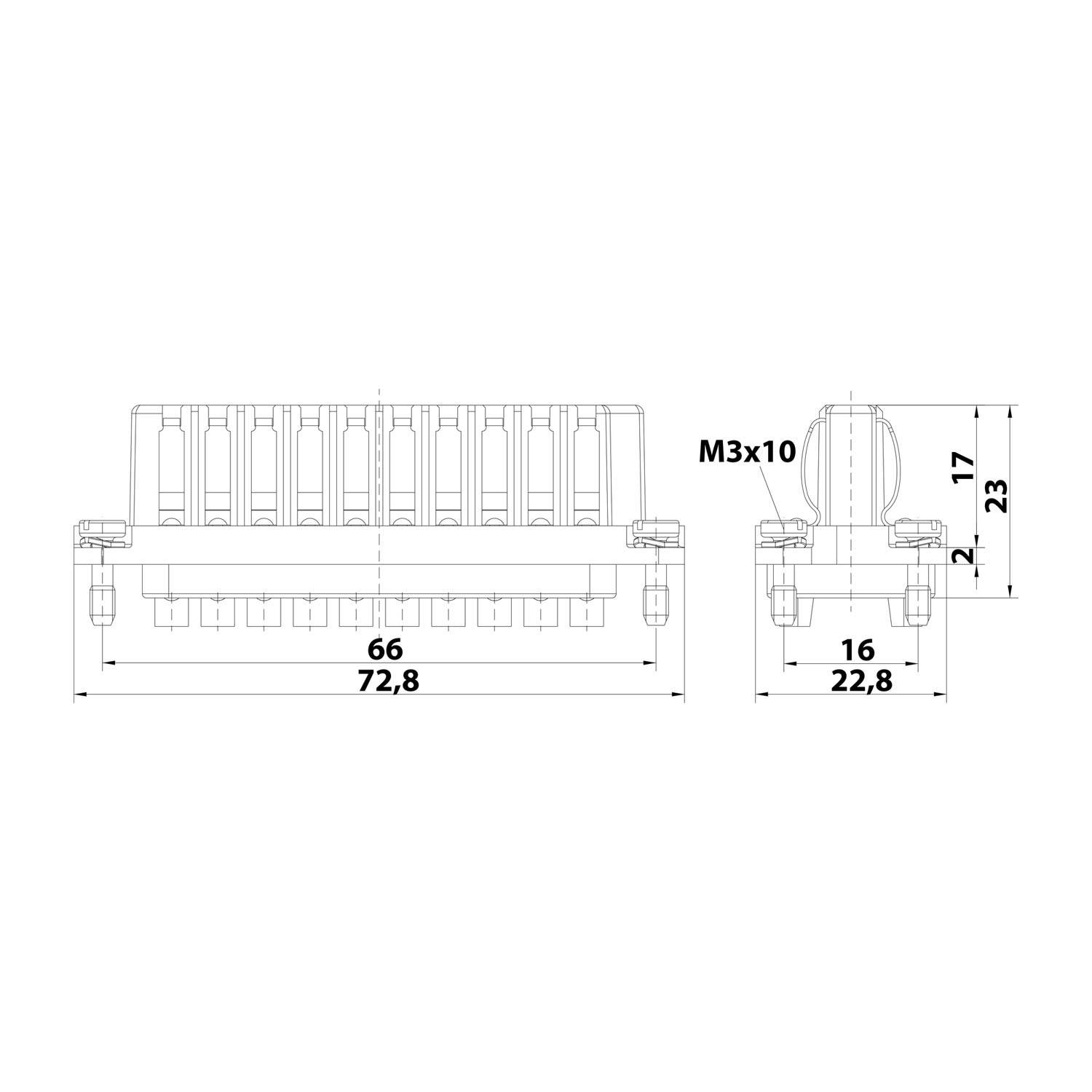 Technische Zeichnung einer Komponente mit mehreren Stiftverbindern und Abmessungen: 72,8 mm Breite, 22,8 mm Tiefe und 27 mm Höhe.