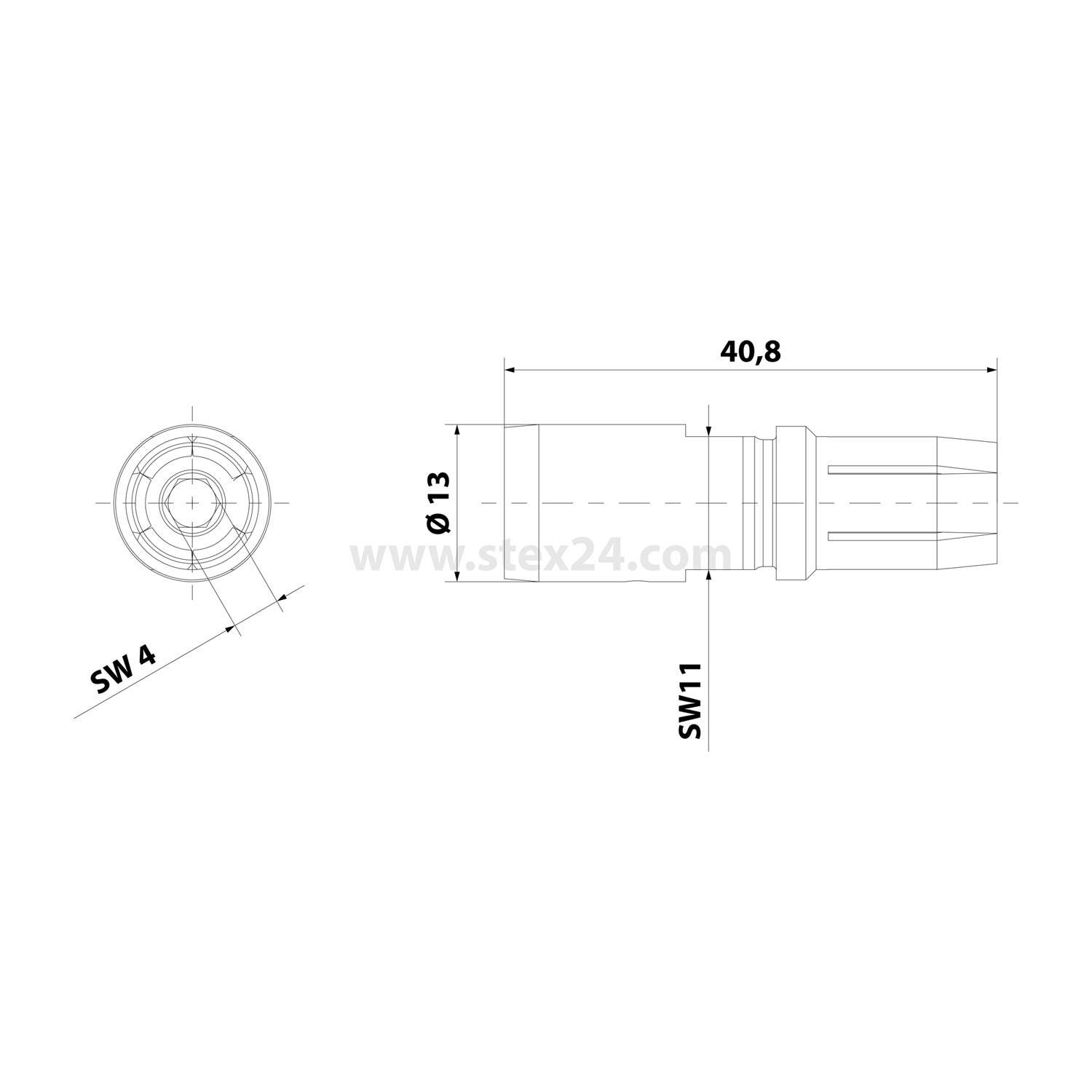 Technische Zeichnung mit Abmessungen eines zylindrischen Objekts. Länge beträgt 40,8 mm, Durchmesser ist 13 mm, Schlüsselweiten SW 4 und SW 11 sind angegeben.