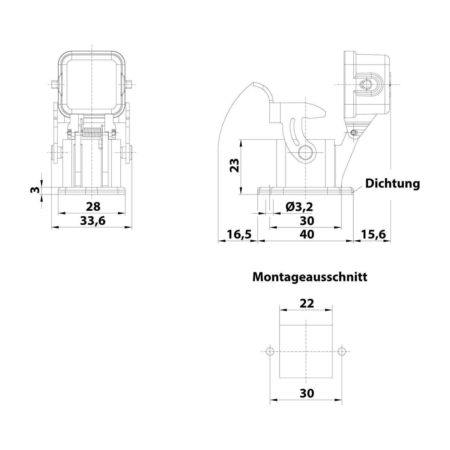 Technische Zeichnung: Zwei Komponentenansichten mit Abmessungen in Millimetern. Enthält eine Dichtung und eine Befestigungsausschnitt mit genauen Abmessungen.