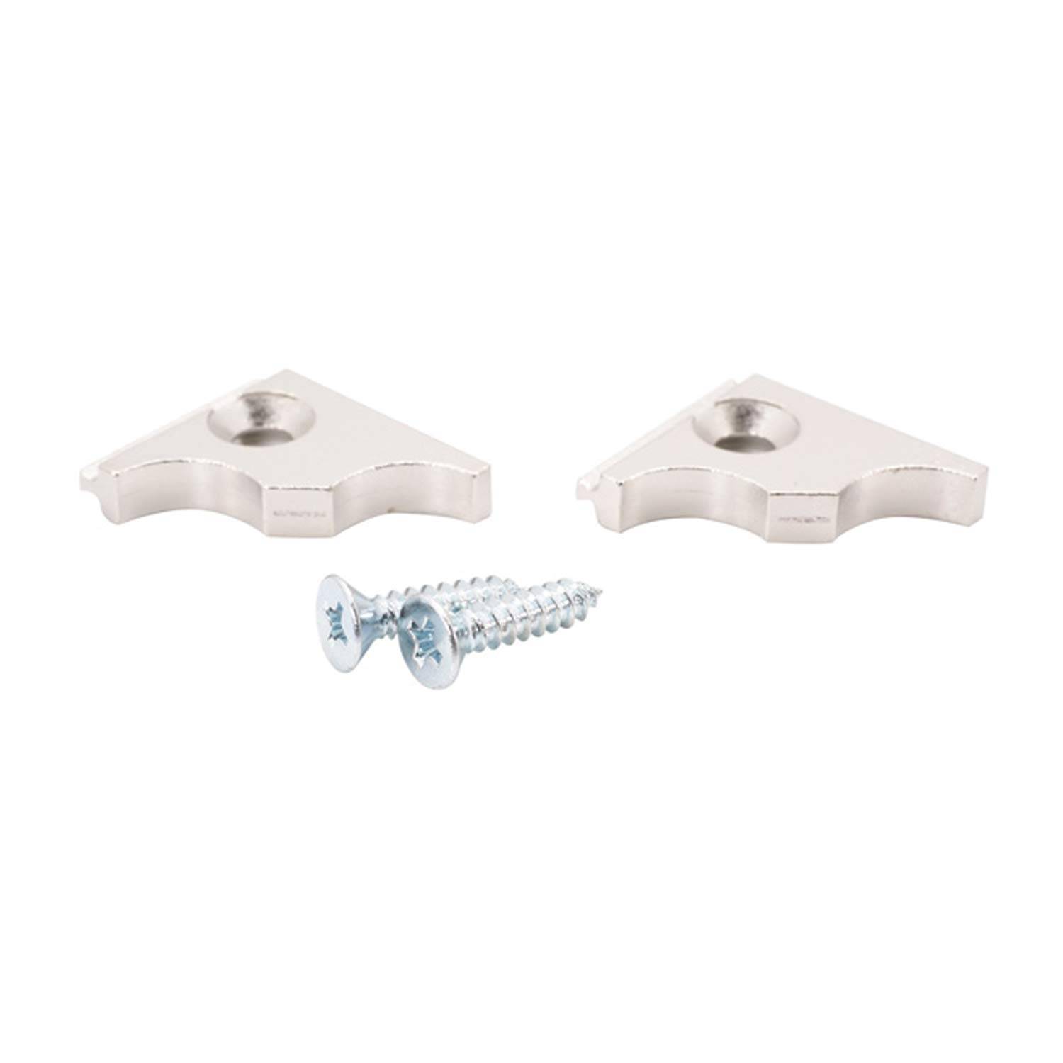 Zwei dreieckige Metalleckbrackets mit Schraubenlöchern, begleitet von zwei Schrauben, zum Befestigen von Ecken einer Konstruktion.