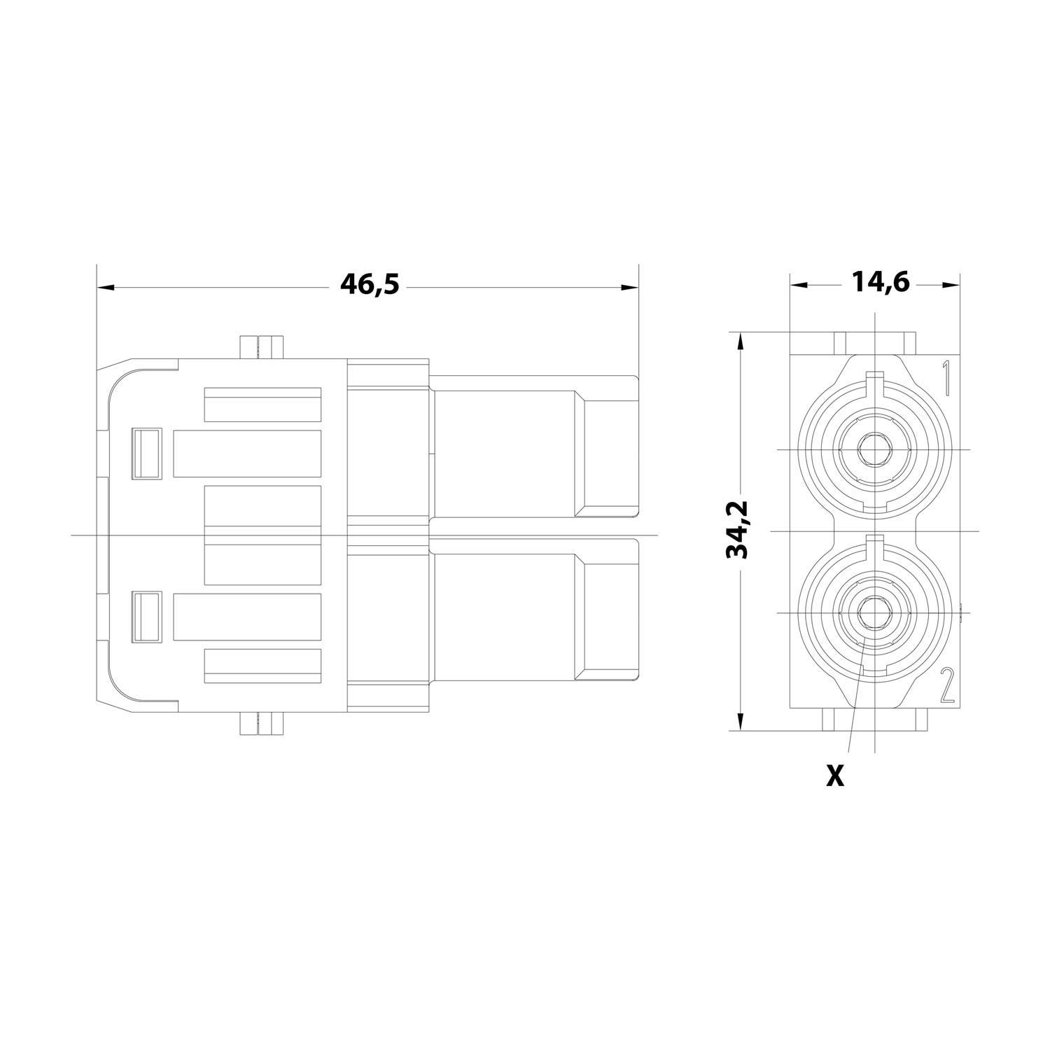 Technische Zeichnung eines Steckers mit Abmessungen: 46,5 mm Breite, 14,6 mm Seitenansicht Breite, 34,2 mm Höhe und mit "X"" gekennzeichnet.