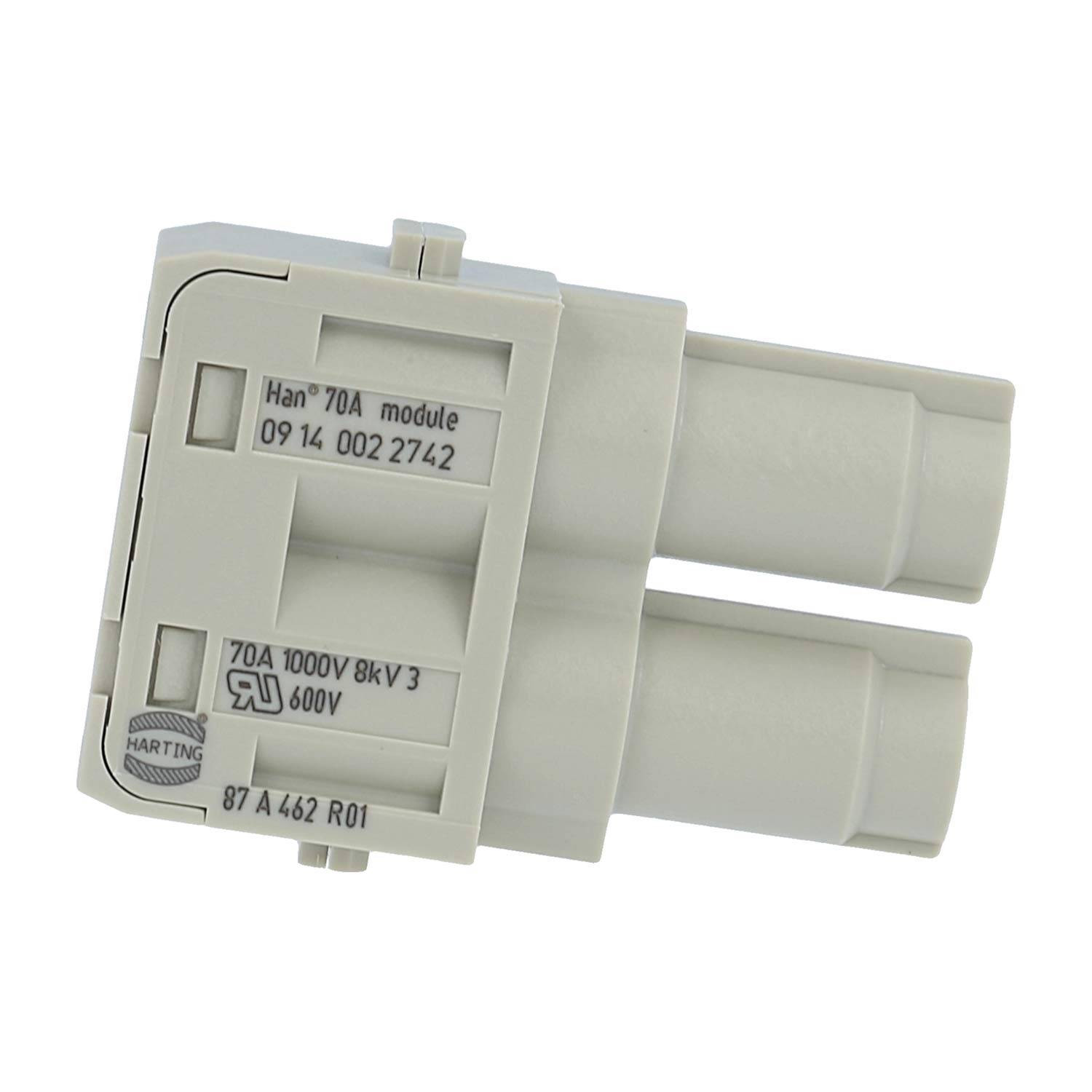 Elektrischer Stecker mit zwei zylindrischen Anschlüssen, gekennzeichnet als „Han 70A Modul". Enthält technische Spezifikationen auf der Seite.