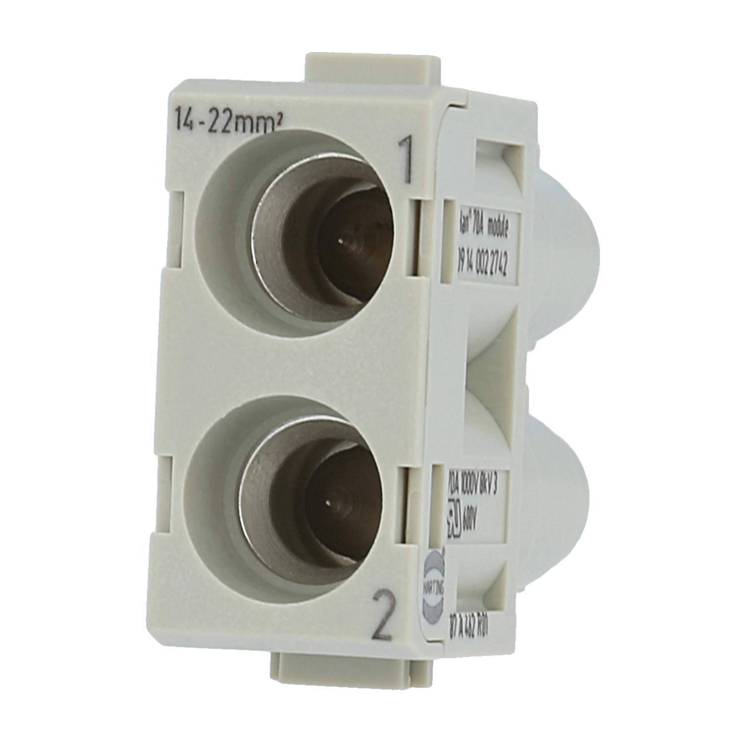 Elektrisches Steckermodul für 14-22mm² Drähte, mit zwei kreisförmigen Anschlüssen mit der Bezeichnung 1 und 2, wird für sichere elektrische Verbindungen verwendet.