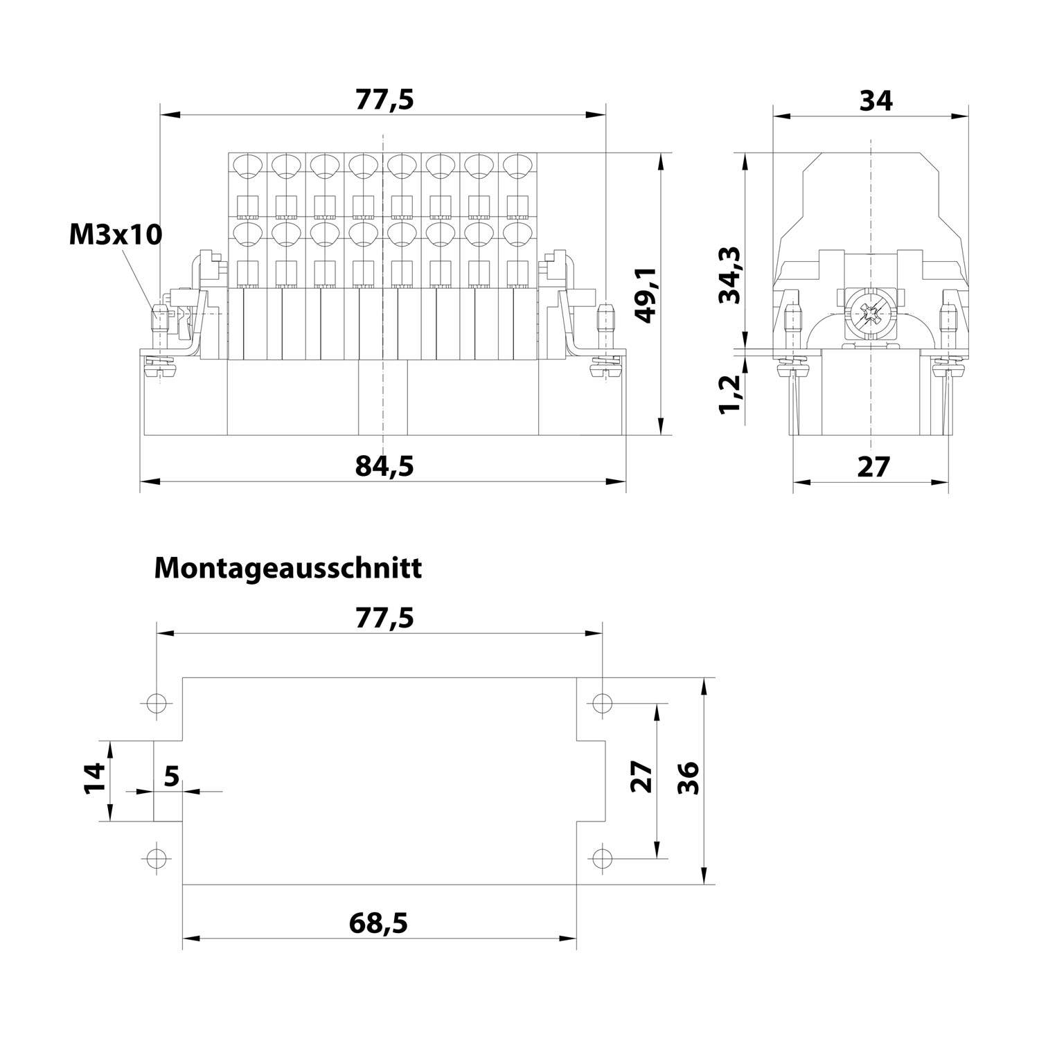 Technische Zeichnung eines mechanischen Bauteils mit detaillierten Abmessungen in Millimetern. Enthält Abmessungen und Beschriftungen wie M3x10.