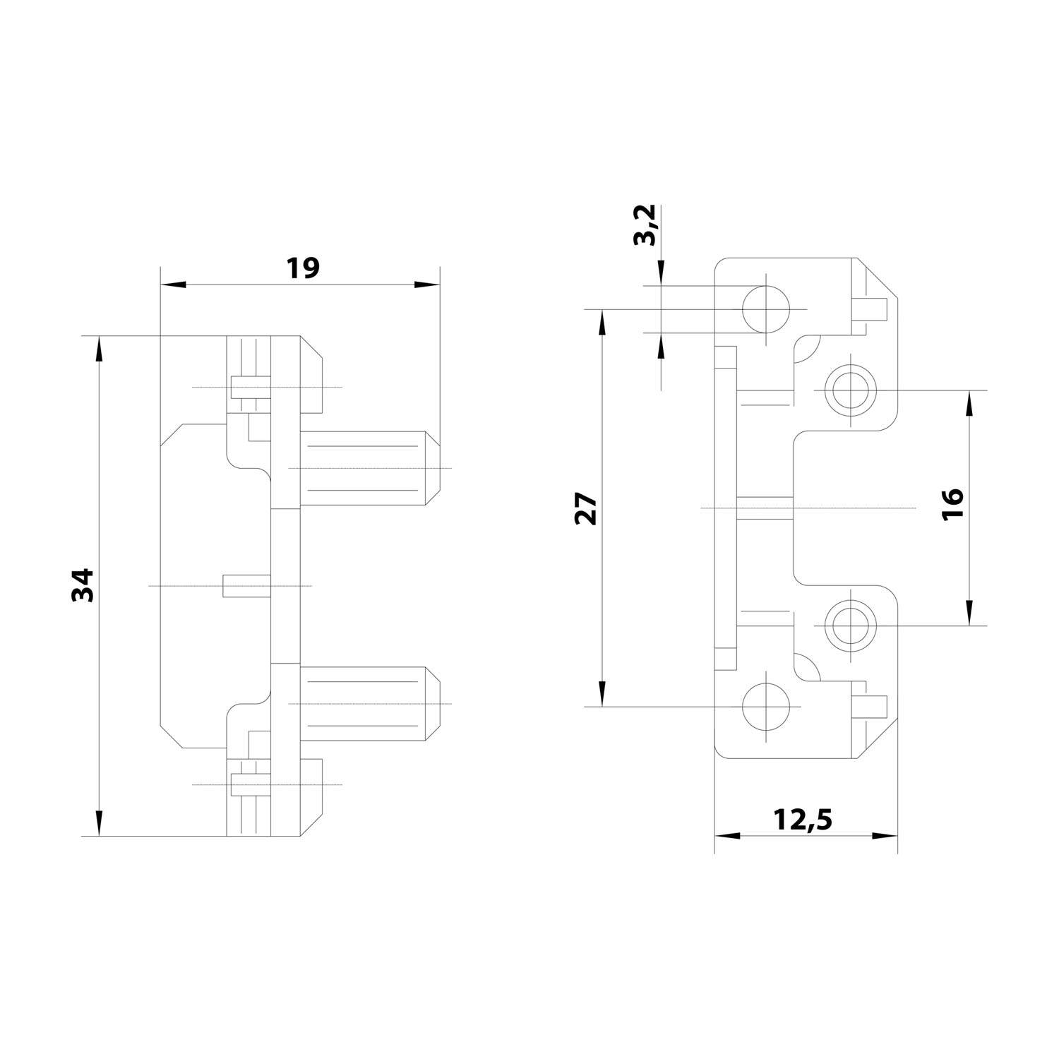 Technische Zeichnung einer Halterung mit Abmessungen: 34x19x27 mm, mit 16 mm und 12,5 mm Abschnitten, mit gebohrten Löchern und konstruktiven Details.