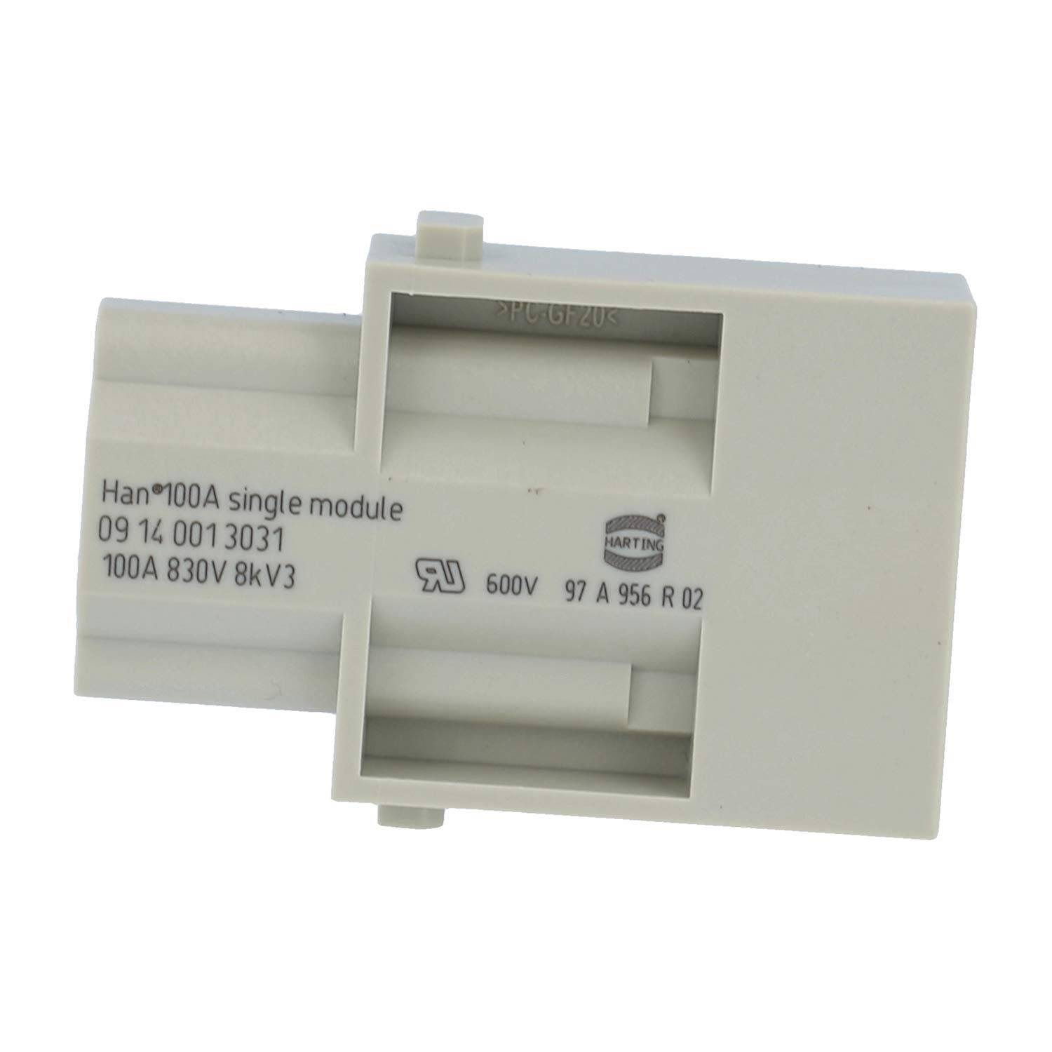 Rechteckiges Steckverbindermodul mit der Bezeichnung „Han 100A Einzelmodul" mit den Spezifikationen: 100A 830V 8kV3, 600V, 97A 956 R02.