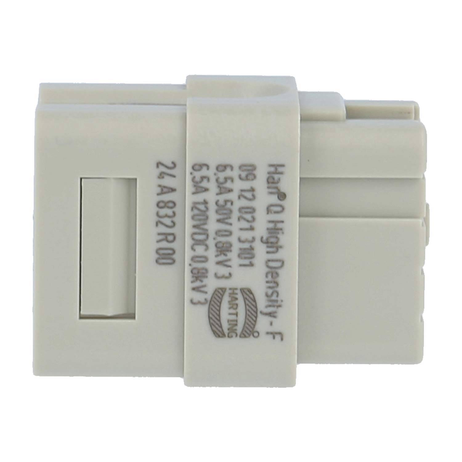 Elektrischer Stecker mit HARTING-Branding, der die Spezifikationen '09 12 021 1301', '6.5A 500V 08kV 3', '6.5A 120VDC 0.8kV 3' zeigt.
