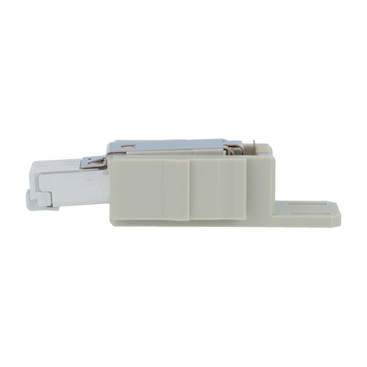Eine Seitenansicht einer weißen elektrischen Komponente mit einer Metallverriegelung, möglicherweise ein Stecker oder Schalter, gezeigt vor einem schlichten weißen Hintergrund.