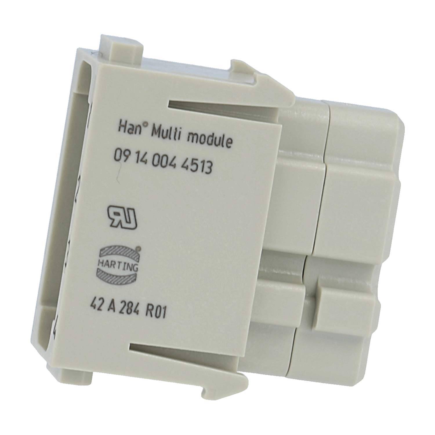 Grauer Kunststoff-Industriverbinder mit der Aufschrift Han Multi module 09 14 004 4513, HARTING-Logo und Modell 42 A 284 R01.