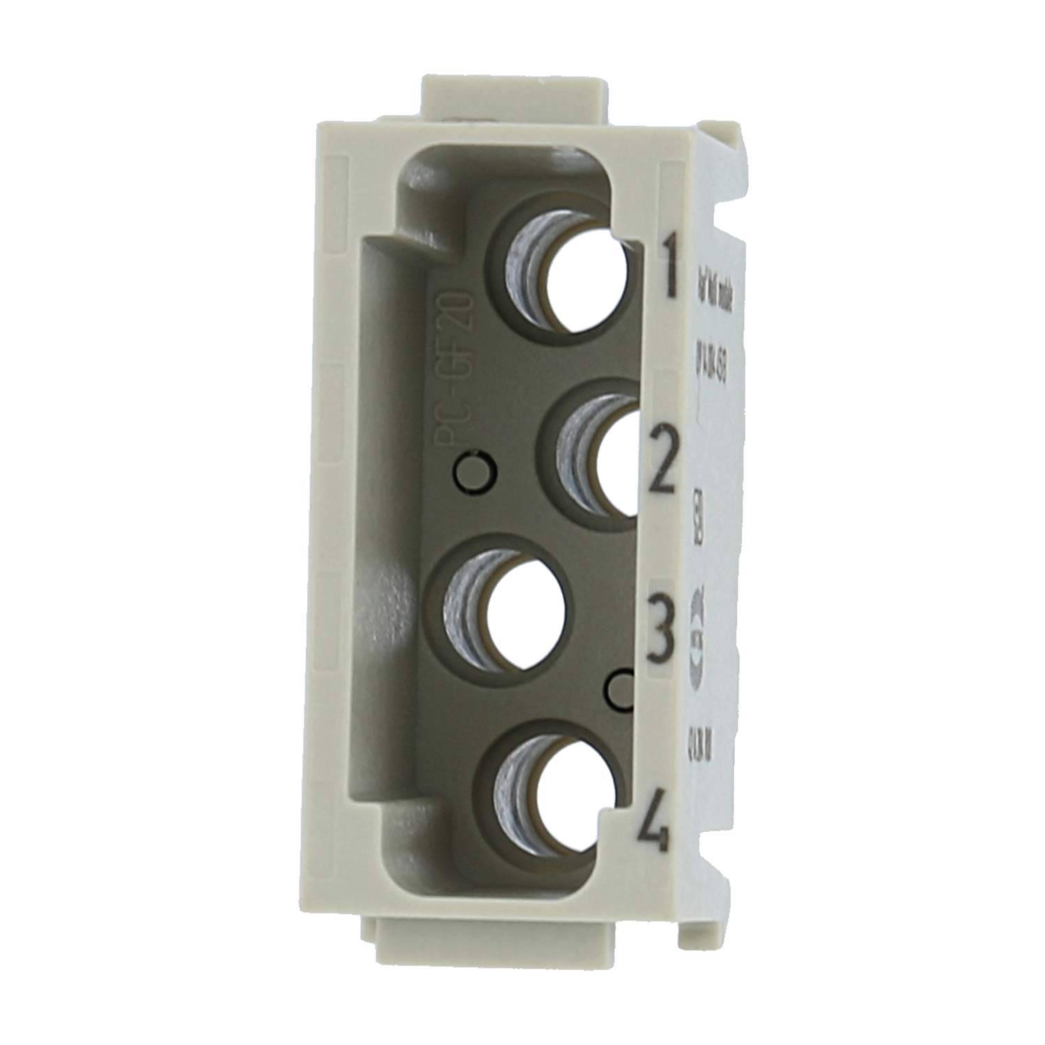 Ein Elektroklemmenblock mit den Nummern 1 bis 4 auf der Seite, mit vier Anschlussleisten zum Anschluss von Leitungen.