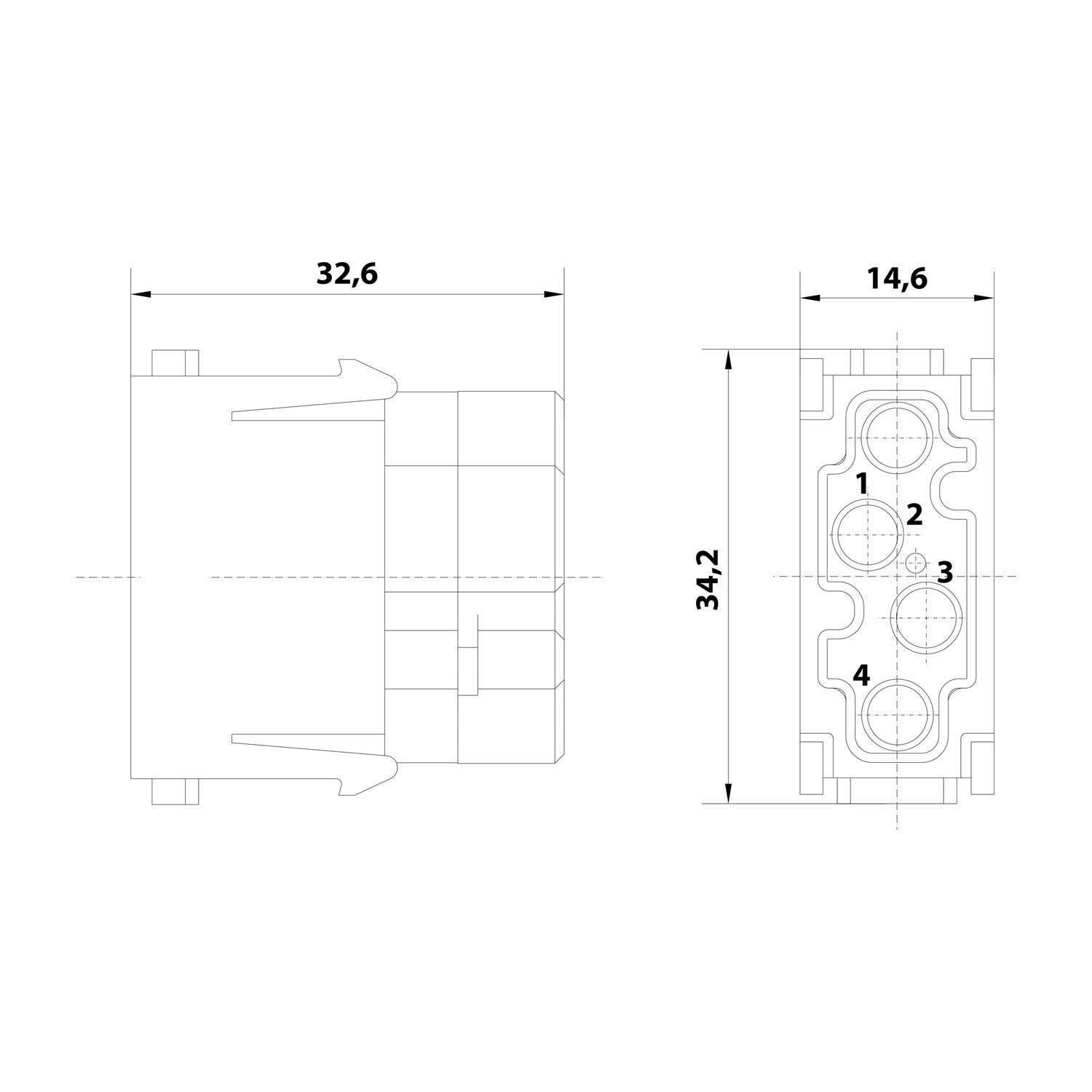 Technische Zeichnung eines rechteckigen Steckers mit den Abmessungen 32,6mm x 34,2mm und vier nummerierten kreisförmigen Anschlüssen, Seitenansicht und Vorderansicht dargestellt.