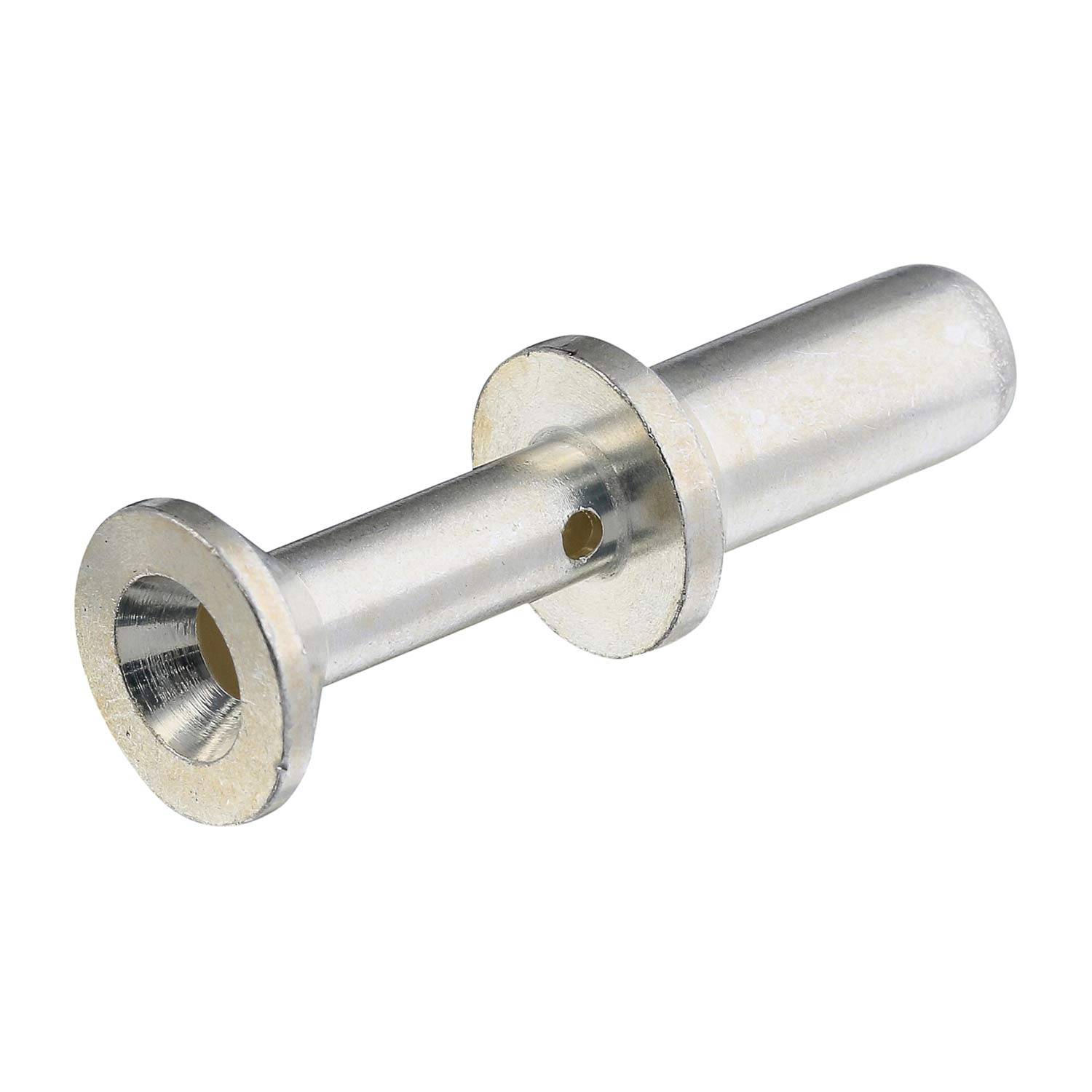 Eine silberne zylindrische Metallstiftdübel mit Flanschkopf und einem kleinen seitlichen Loch.