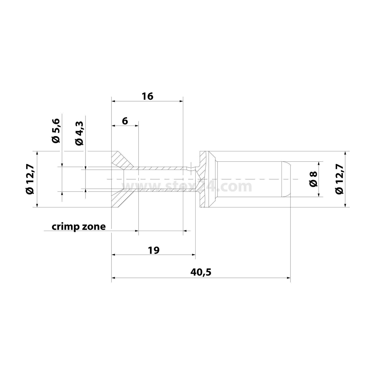 Technisches Diagramm eines runden Objekts mit beschrifteten Abmessungen: Crimpzonenlänge 19 mm, Durchmesser 8 mm, Abschnitte mit verschiedenen Durchmessern gekennzeichnet (12,7 mm, 5,6 mm, 4,3 mm).