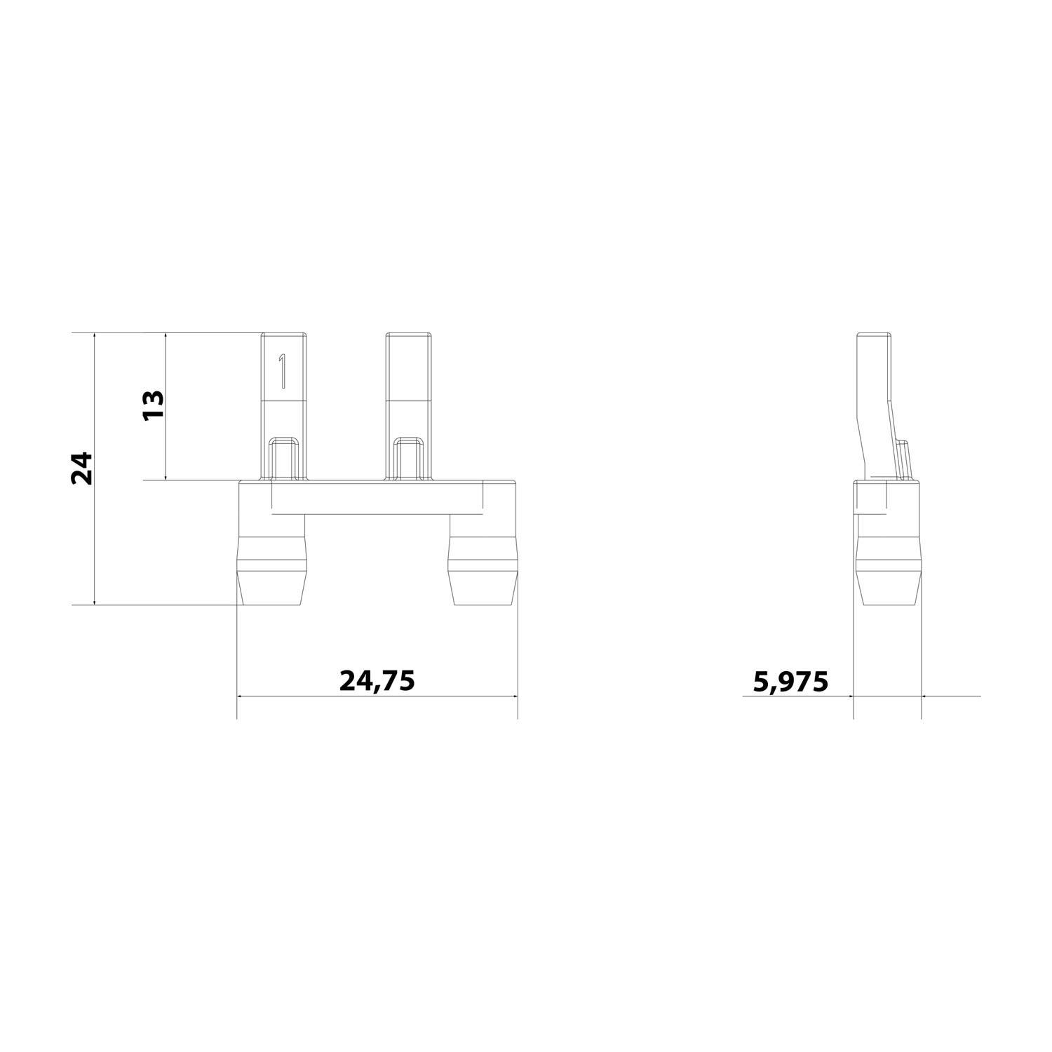 Technische Zeichnung einer Komponente mit Abmessungen: Breite 24,75 mm, Höhe 24 mm und Tiefe 5,975 mm. Die Seitenansicht zeigt unterschiedliche Abschnitte.