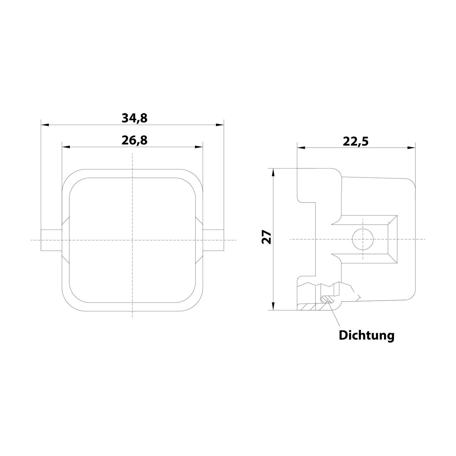 Technische Zeichnung eines quadratischen Bauteils mit Abmessungen: 34,8 mm × 26,8 mm, Tiefe 27 mm, und Seitenansicht mit einem Bereich mit der Bezeichnung „Dichtung".