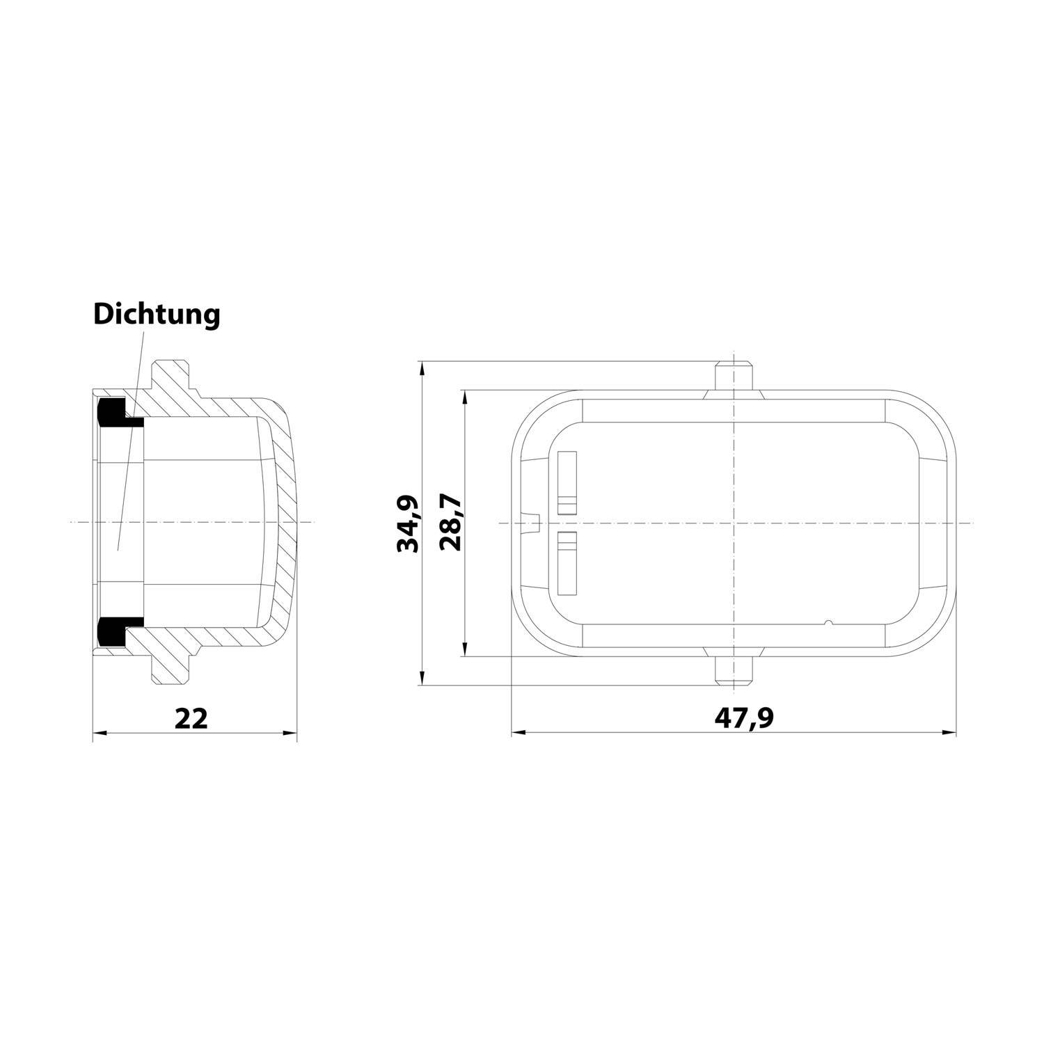 Querschnittsdiagramm einer rechteckigen Dichtung mit Abmessungen: 34,9mm Höhe, 22mm Tiefe, 47,9mm Breite. Beschriftung: Dichtung.