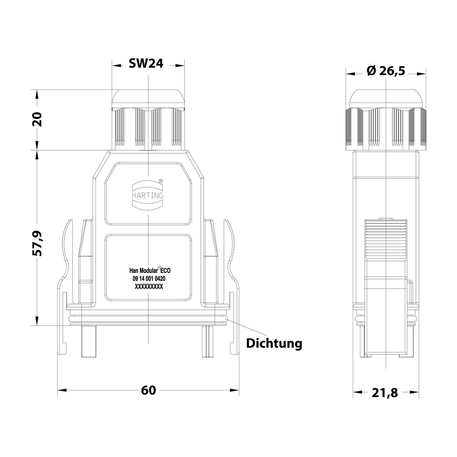 HARTING Han Modular ECO Tüllengehäuse, 1 gerader Kabelabgang, mit 2 Klammern Klemmbereich 6,0mm - 13,0mm - 1 Stück