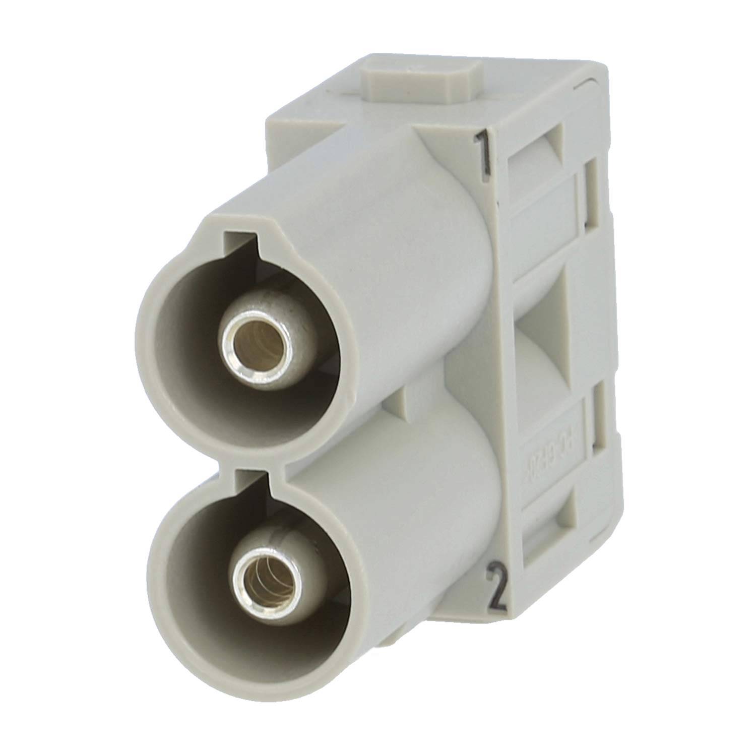 Ein grauer zweipoliger elektrischer Stecker mit zylindrischen Steckeröffnungen wird für Verdrahtungs- und Automatisierungssysteme verwendet.