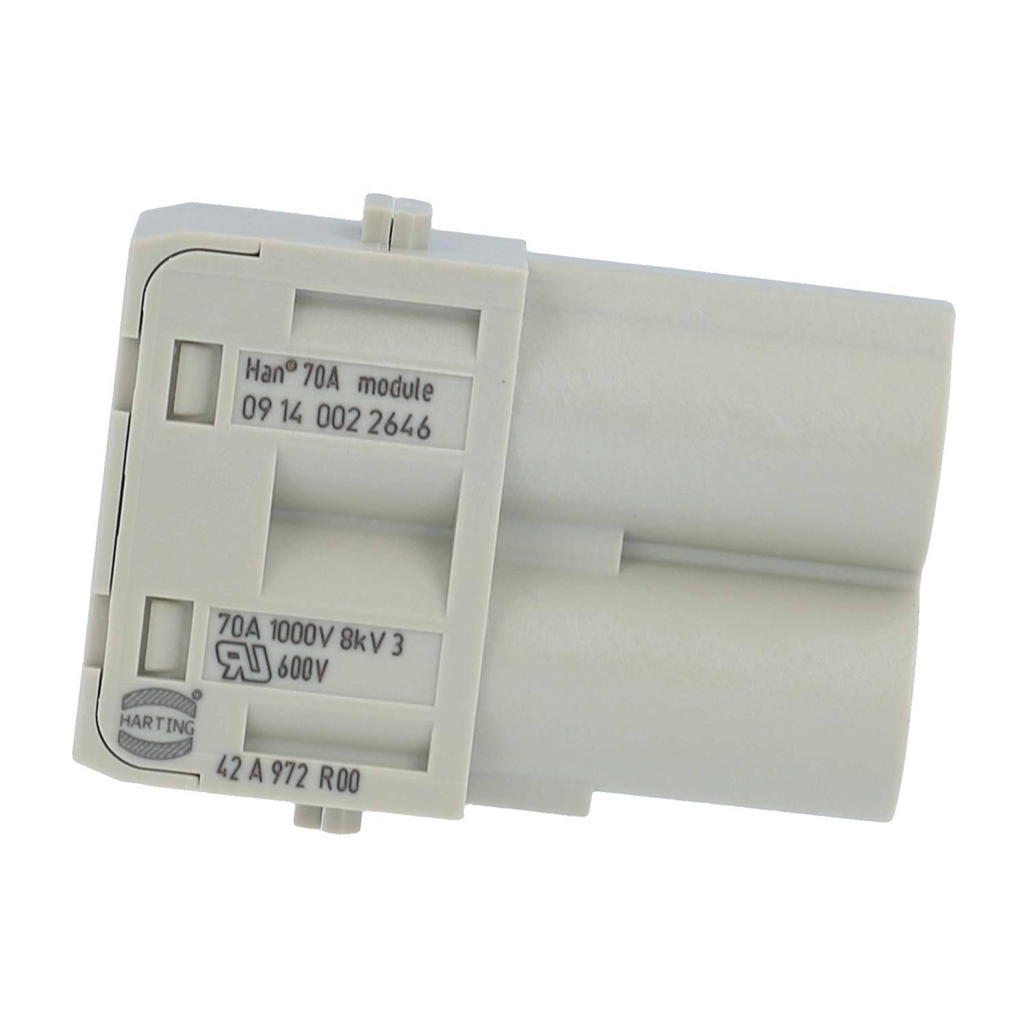 Ein rechteckiges Elektroverbindermodul mit der Bezeichnung „Han 70A Modul" und folgenden Spezifikationen: 70A, 1000V, 8kV 3, 600V.