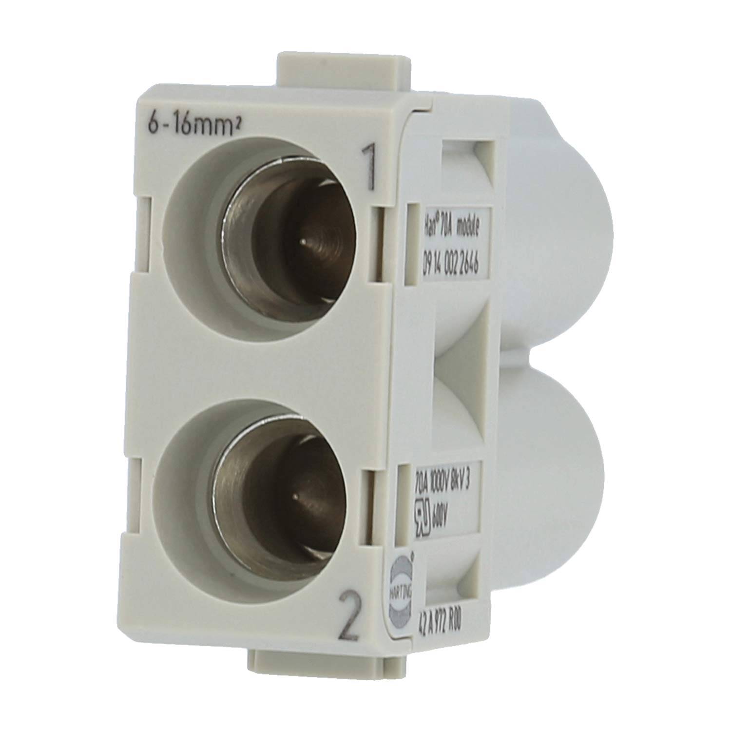 Dual-Eintrag-Elektroklemmenblock für 6-16mm² Verdrahtung, gekennzeichnet mit den Nummern 1 und 2, zum sicheren Anschluss von Elektrokabeln verwendet.