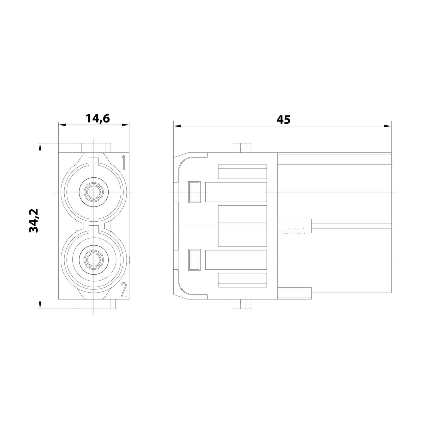 Technisches Diagramm einer Doppelbuchse mit Abmessungen: 34,2 mm Höhe, 14,6 mm Breite und 45 mm Tiefe. Vorder- und Seitenansichten dargestellt.