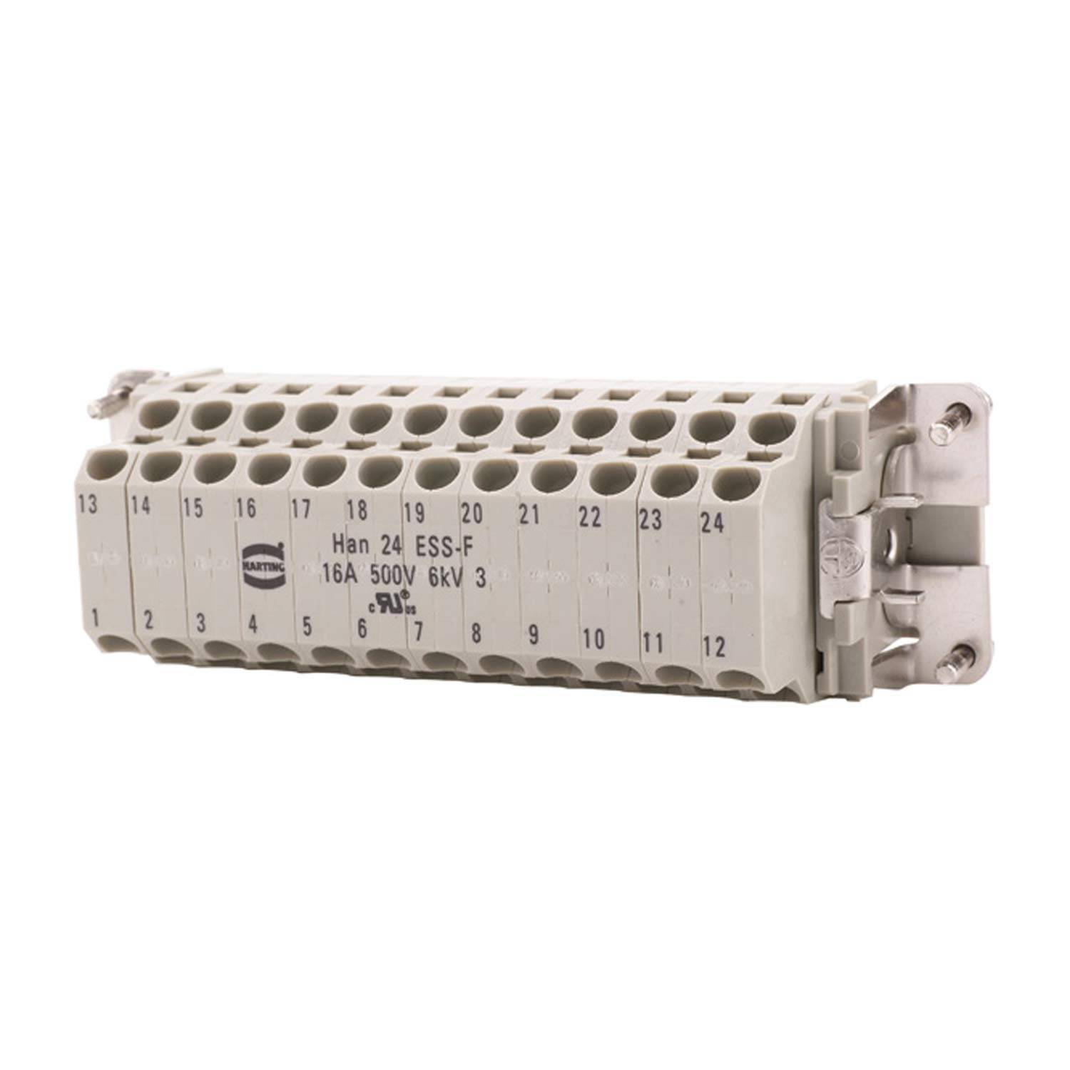 Ein beiger Kunststoff-Elektrostecker mit der Bezeichnung "Harting Han 24 ESS-F"", mit mehreren nummerierten Anschlüssen für die Verkabelung, bewertet mit 16A 500V 6kV.