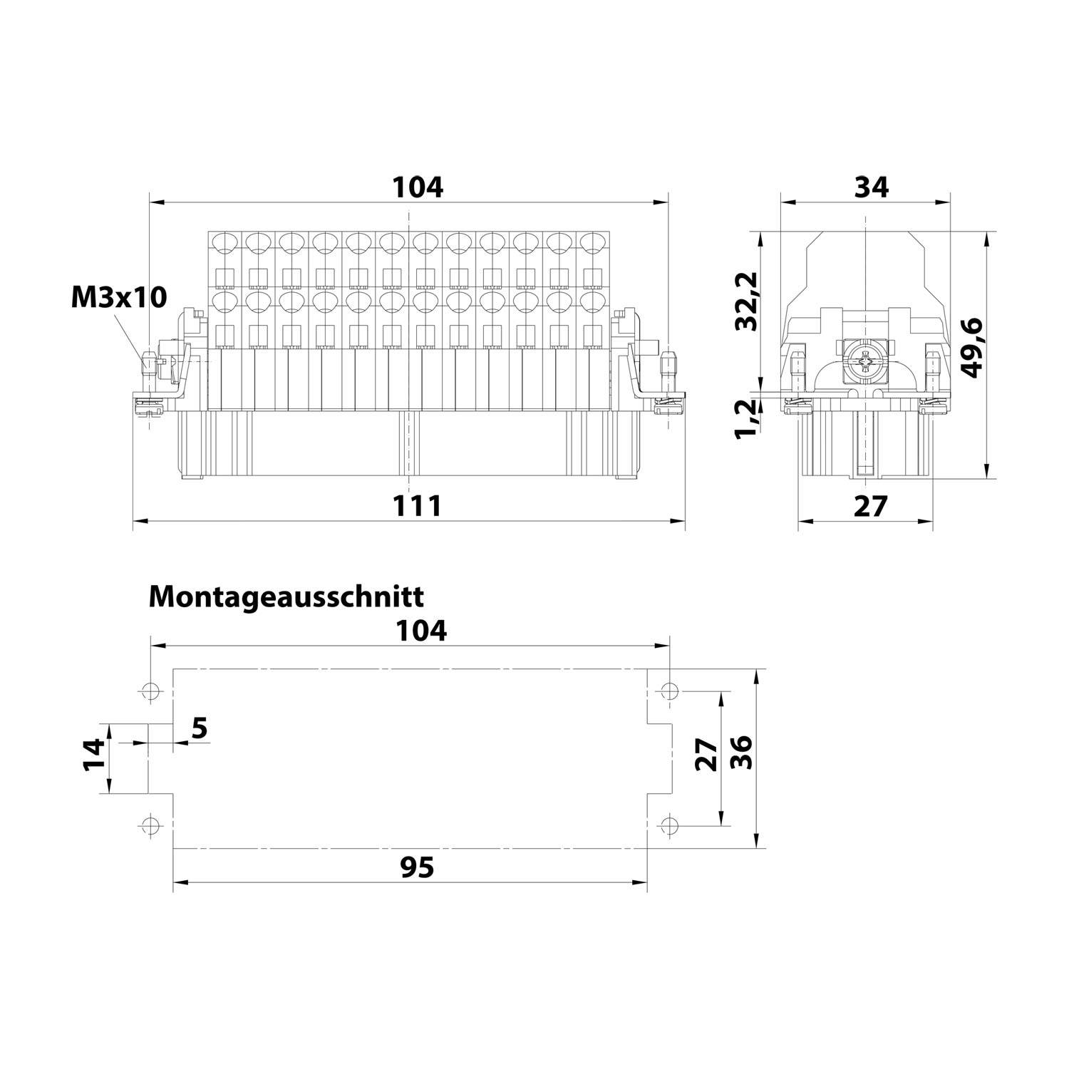 Technische Zeichnung eines Anschlussblocks mit M3x10-Schrauben, Abmessungen: 111x49,6 mm, mit Befestigungsausschnitt 104x27 mm.