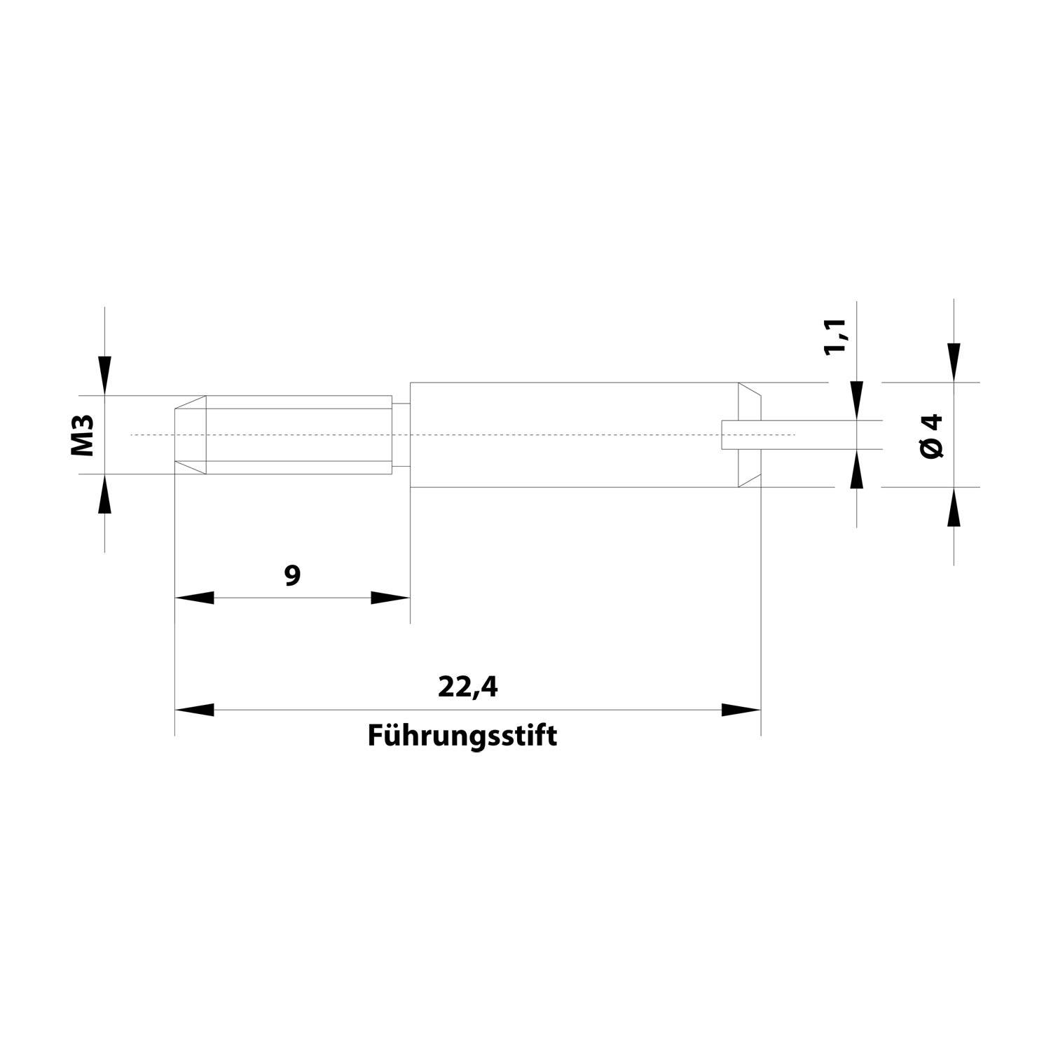 Technische Zeichnung eines Führungsstifts mit den Abmessungen: Länge 22,4 mm, Durchmesser 4 mm und M3-Gewinde an einem Ende.