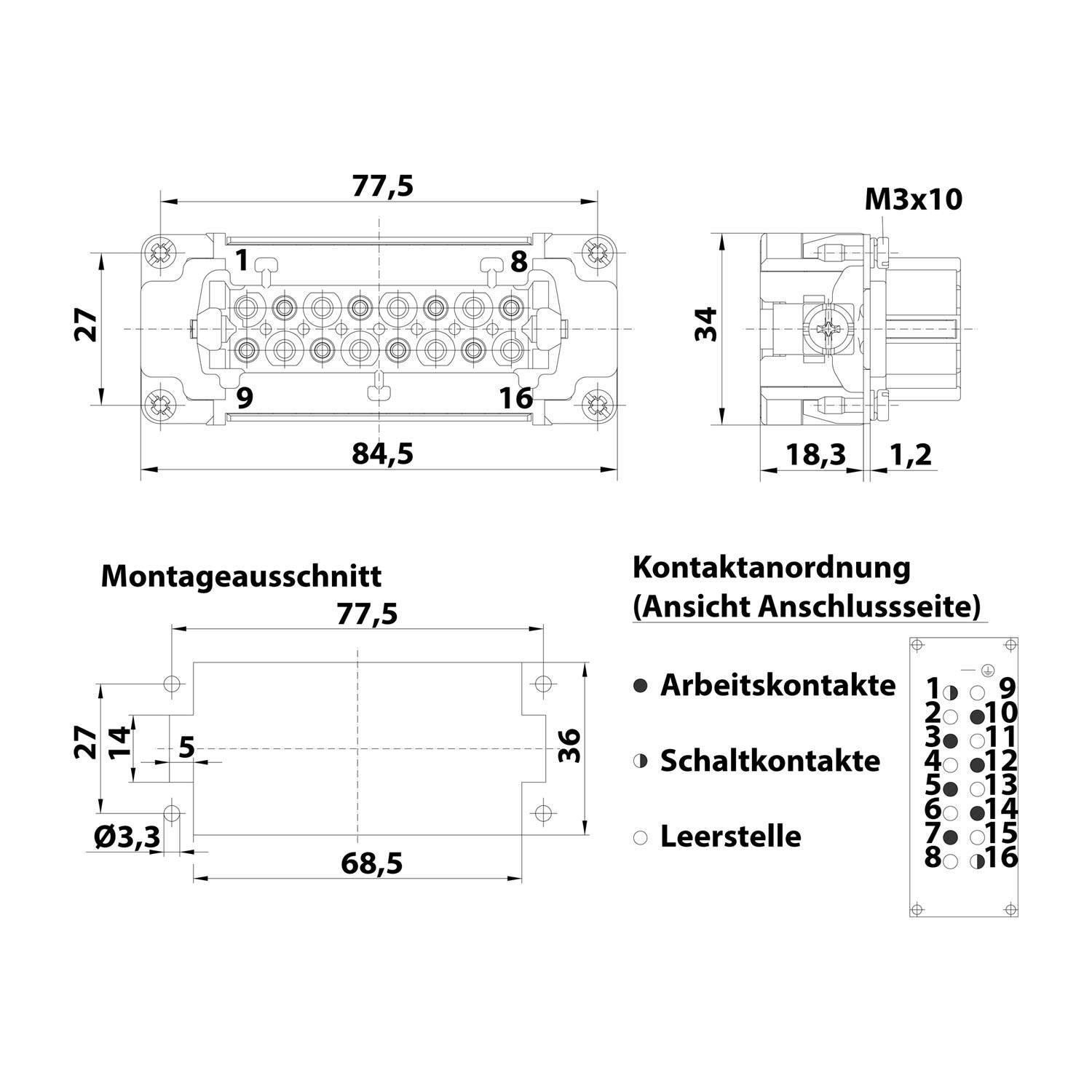 HARTING Han 6HvE mit 2 Schaltkontakte Buchseneinsatz (F) Crimpanschluss, 8-polig 6/2+PE 830V - 500V Steuerkontakt, 16A