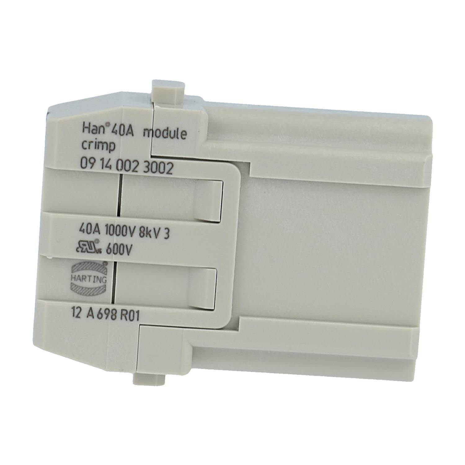 "Han 40A Modul-Crimpverbinder" mit Spezifikationen: ""40A 1000V 8kV 3, 600V, 12 A 698 R01"".