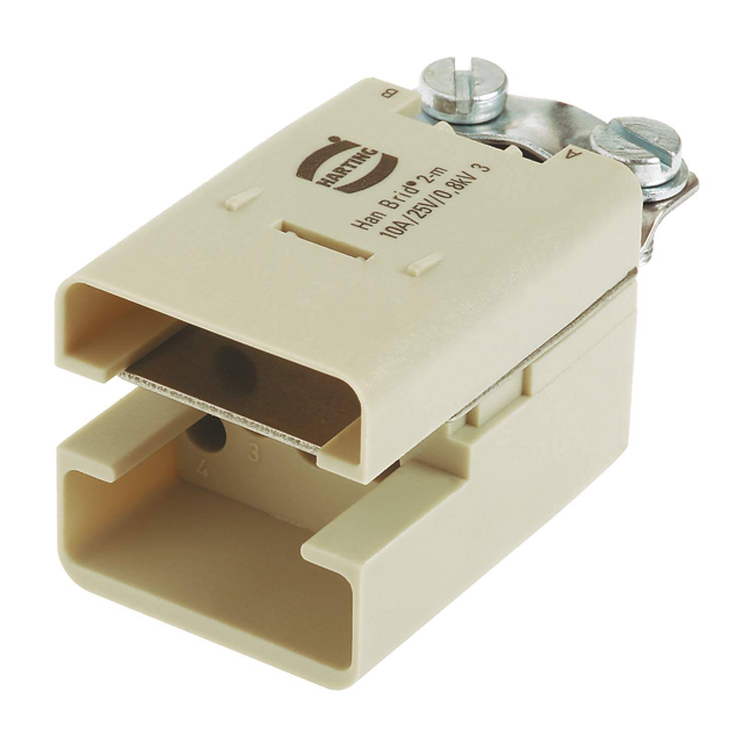 Ein beiger Harting-Industriestecker mit metallischem Befestigungsclip und Schraube, entwickelt für Elektroinstallationen. Modell und Spezifikationen auf der Oberseite gedruckt.
