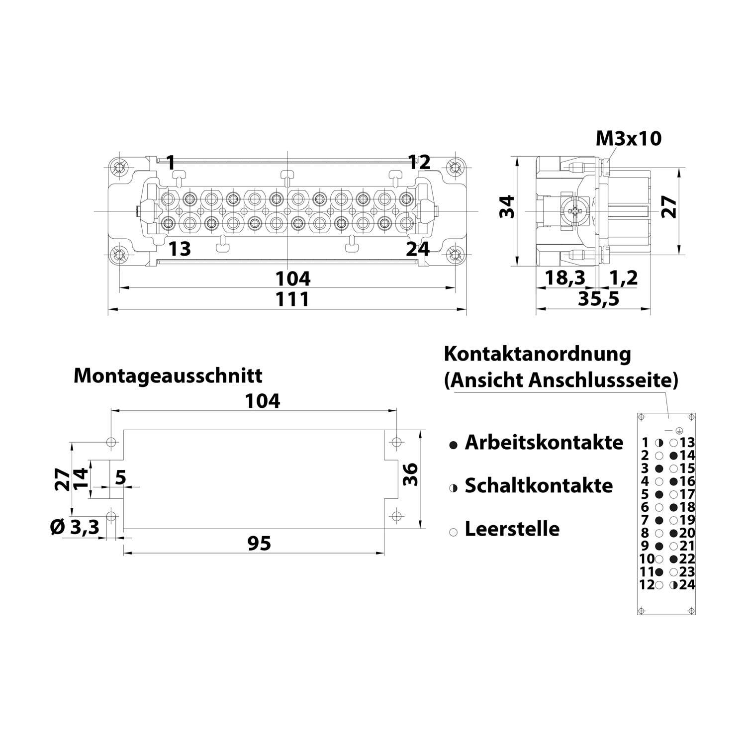 HARTING Han 10HvE mit 2 Schaltkontakte Buchseneinsatz (F) Crimpanschluss, 12-polig 10/2+PE 830V - 500V Steuerkontakt,