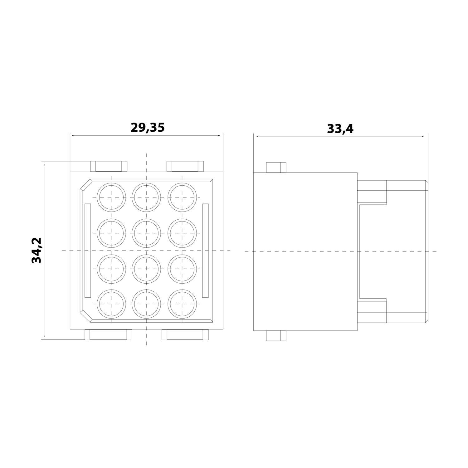 Technische Zeichnung einer mechanischen Komponente mit Draufsicht und Seitenansicht. Die Abmessungen betragen 34,2, 29,35 bzw. 33,4 Einheiten.