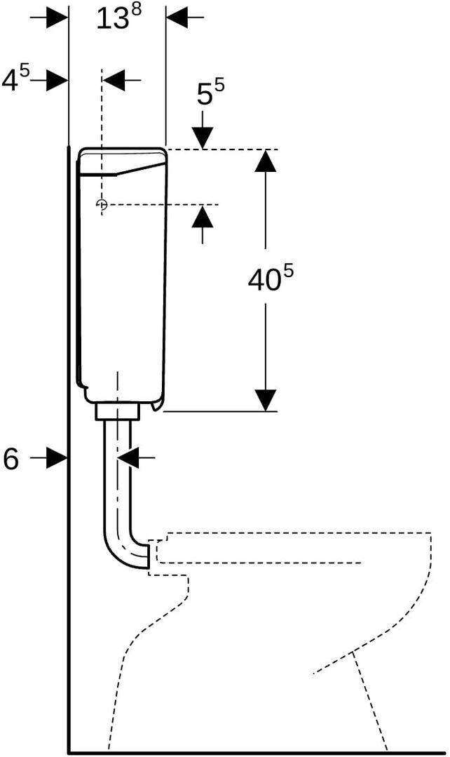 Diagramm mit einer an der Wand montierten Handdesinfektionsmittelspender mit Maßen: 40 und 6 Einheiten zwischen Spender, Boden und vorstehende Regale.