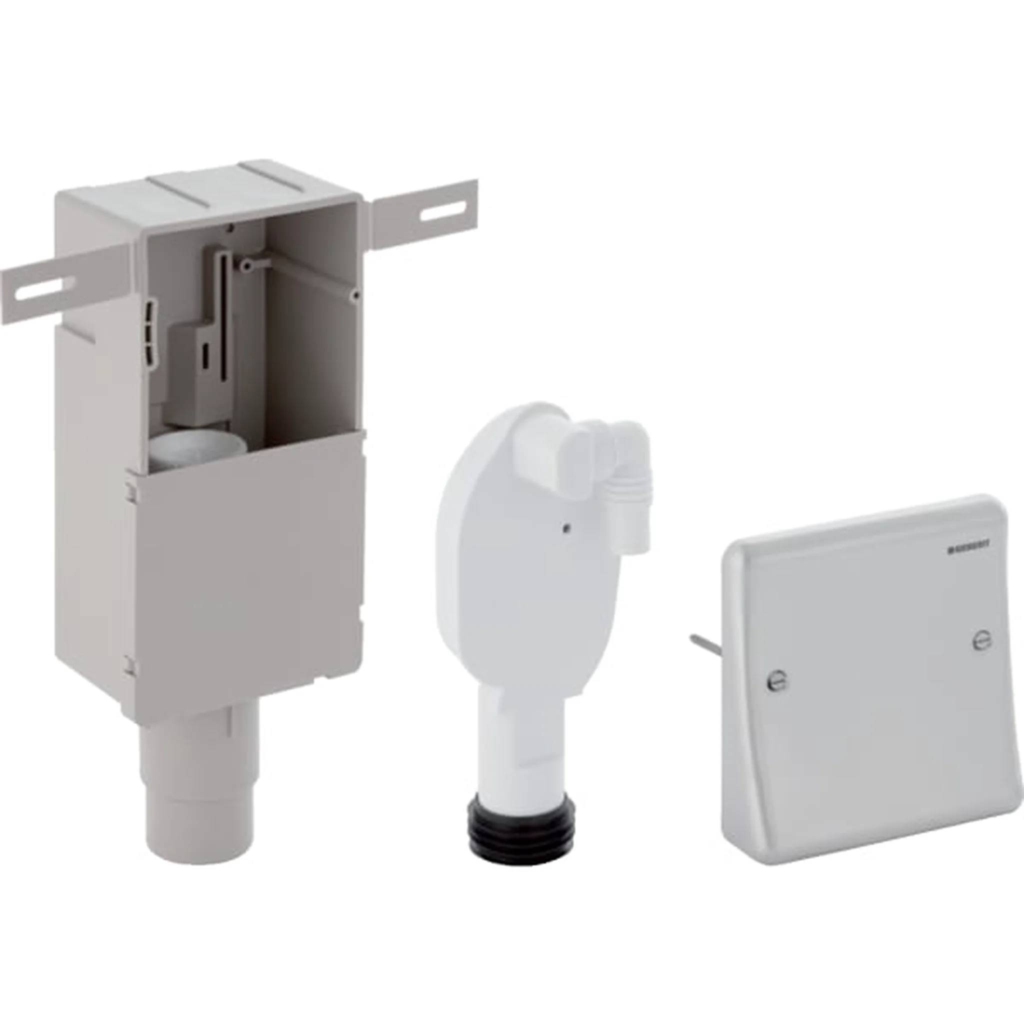 Produktdiagramm eines verdeckten Toilettenspülsystems: Spülkasten, Spülventil und quadratisches Wandtastenpanel auf weißem Hintergrund.