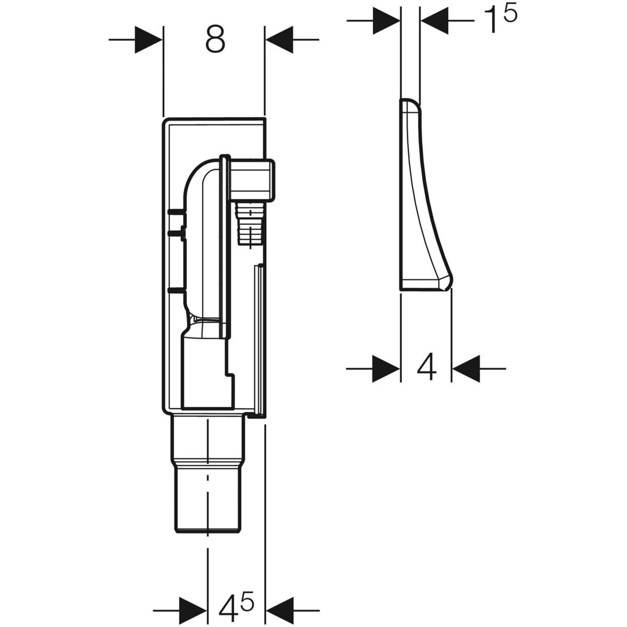 Technische Strichzeichnung eines kleinen mechanischen Teils in Front- und Seitenansicht mit Abmessungen 8, 15, 4 und 45 Grad.